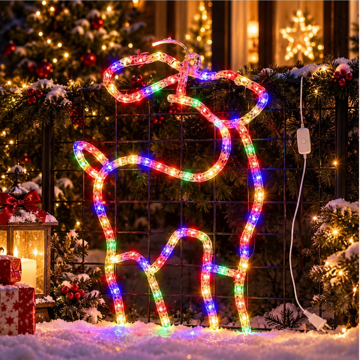 Instalatie LED Decoratiune de Craciun 46x27cm, Model Ren, Lumina Multicolora, Jocuri de Lumini si Efect Flash, Ornament Suspendat Transparent Engros
