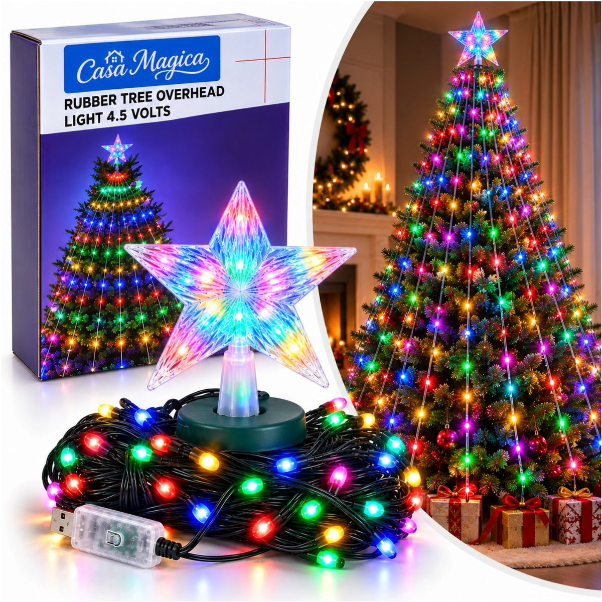 Instalație LED Franjuri/Perdea 180cm, pentru Brad de Crăciun, 288 LED-uri, Lumină Multicoloră, Jocuri de Lumini și Efect Flash, Stea Luminoasă în Vârf, Alimentare USB Engros