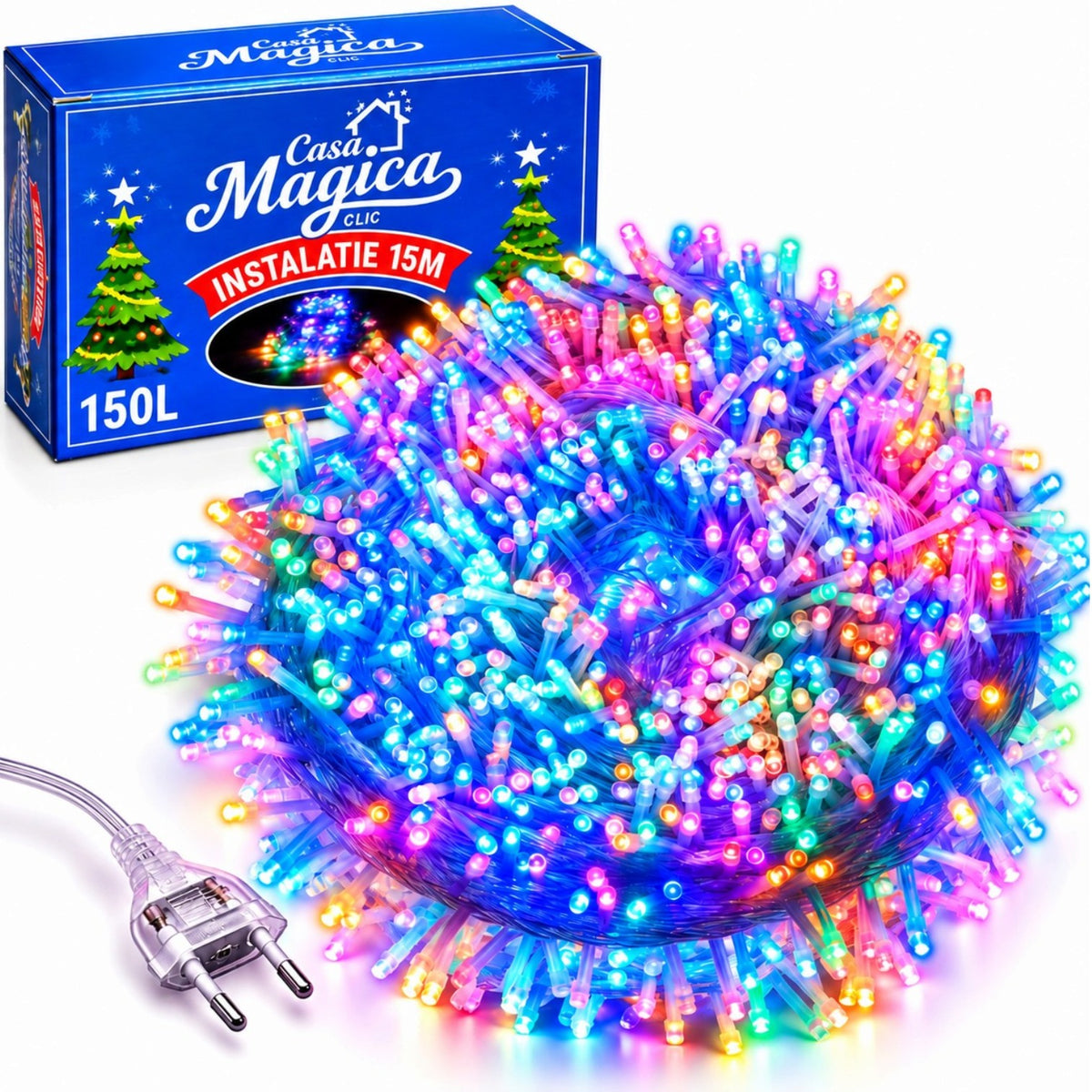 Instalatie LED 15m cu 150 MicroLED-uri, Fir Transparent, Lumina Multicolora, cu Jocuri de Lumini si Efect Flash, pentru Craciun Engros
