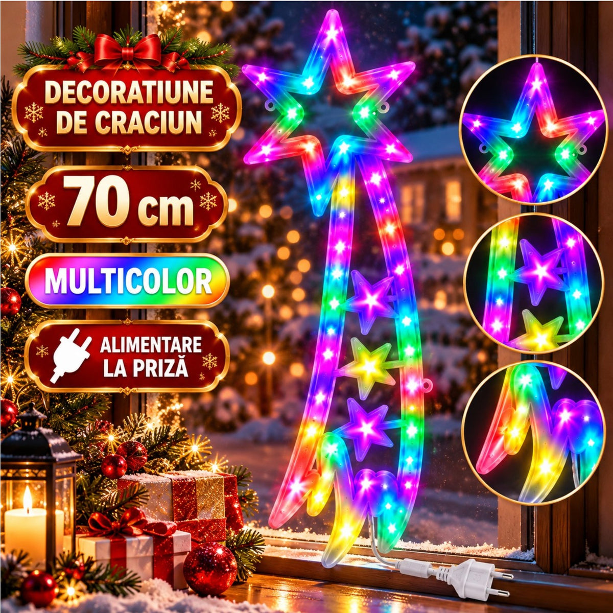 Instalatie LED 70x30cm, Decoratiune de Crăciun Stea Căzătoare cu Lumină Multicoloră, pentru Interior și Exterior Engros
