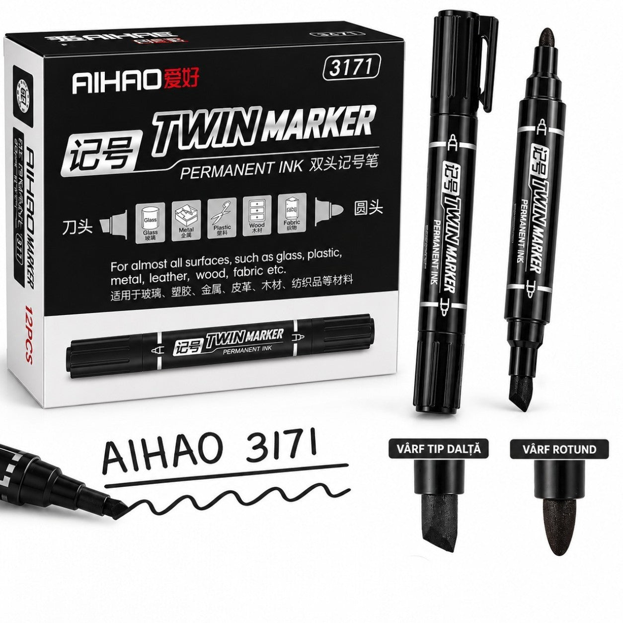 Marker Permanent Negru 12/set, Vârf Dublu Gros Engros