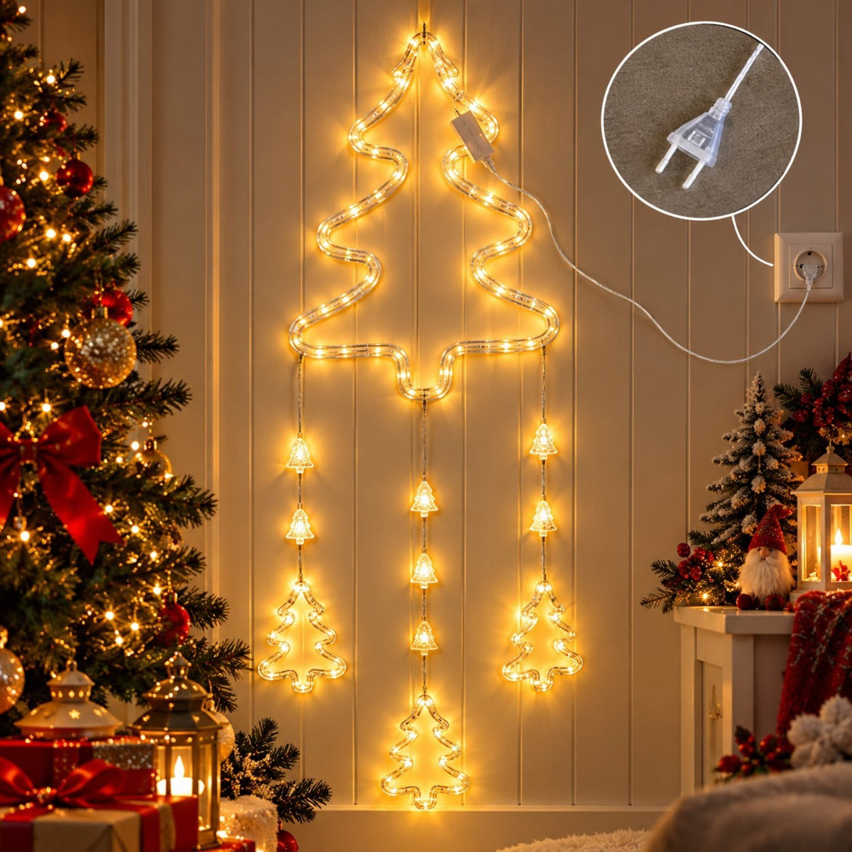 Instalatie LED de Craciun 101cm, Decoratiune Model Brad, Lumina Calda, Jocuri de Lumini si Efect Flash, pentru Geam Engros