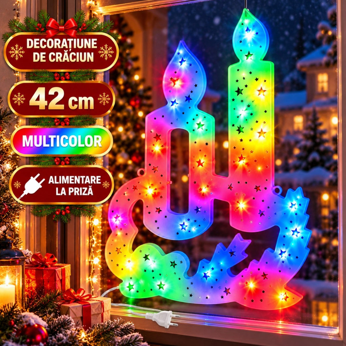 Decoratiune de Crăciun 42x28cm, Lumanari, Instalatie cu Lumină LED Multicoloră, pentru Interior și Exterior Engros