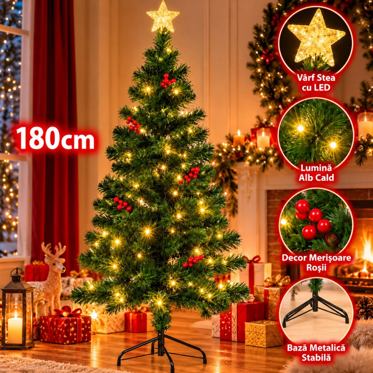 Brad Artificial de Crăciun 180cm, LED Alb Cald în Formă de Stea, Vârf Stea Luminos, Decor cu Merișoare Roșii, Alimentare la Priză, Suport Metalic, Engros