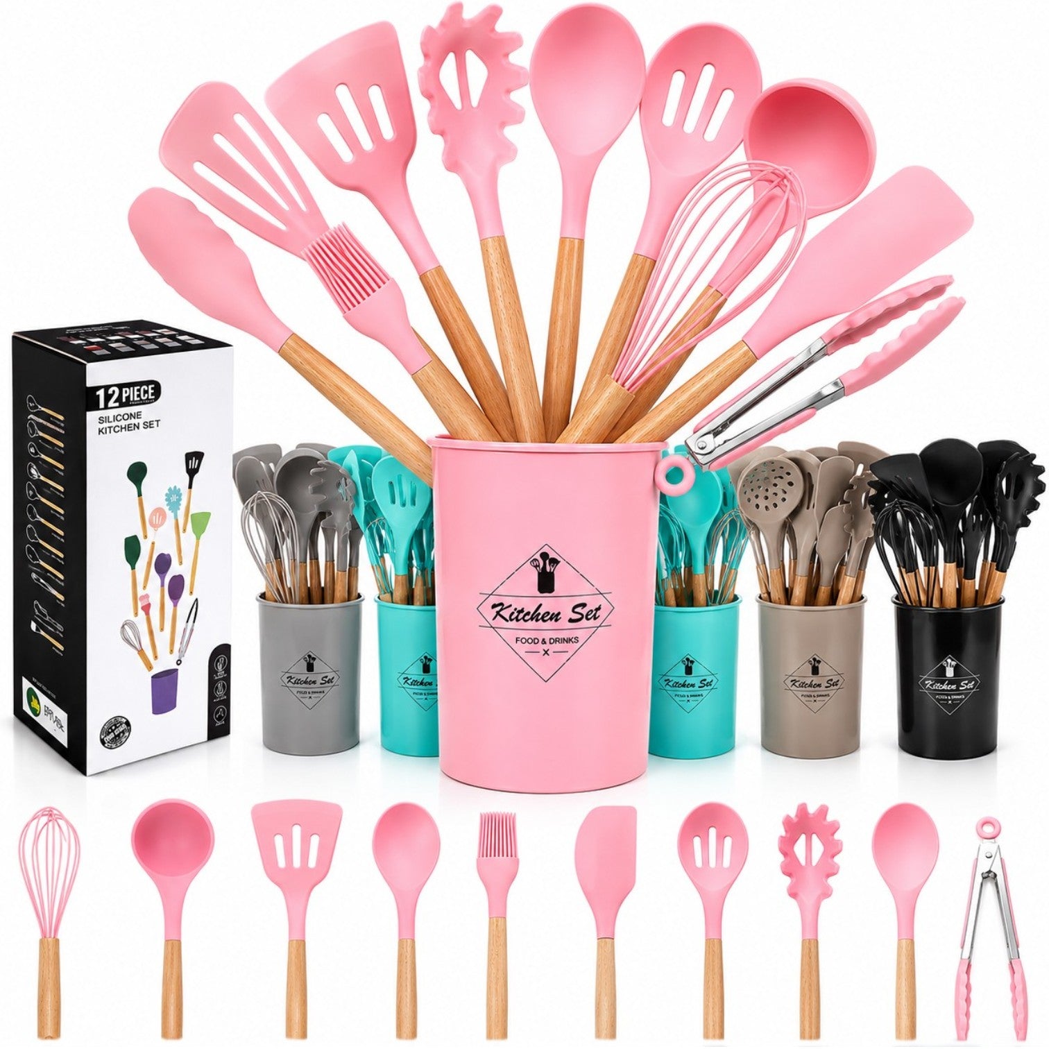 Ustensile de Bucătărie 12/set din Silicon cu Mânere 21cm, din Lemn 500g Diferite Culori Engros