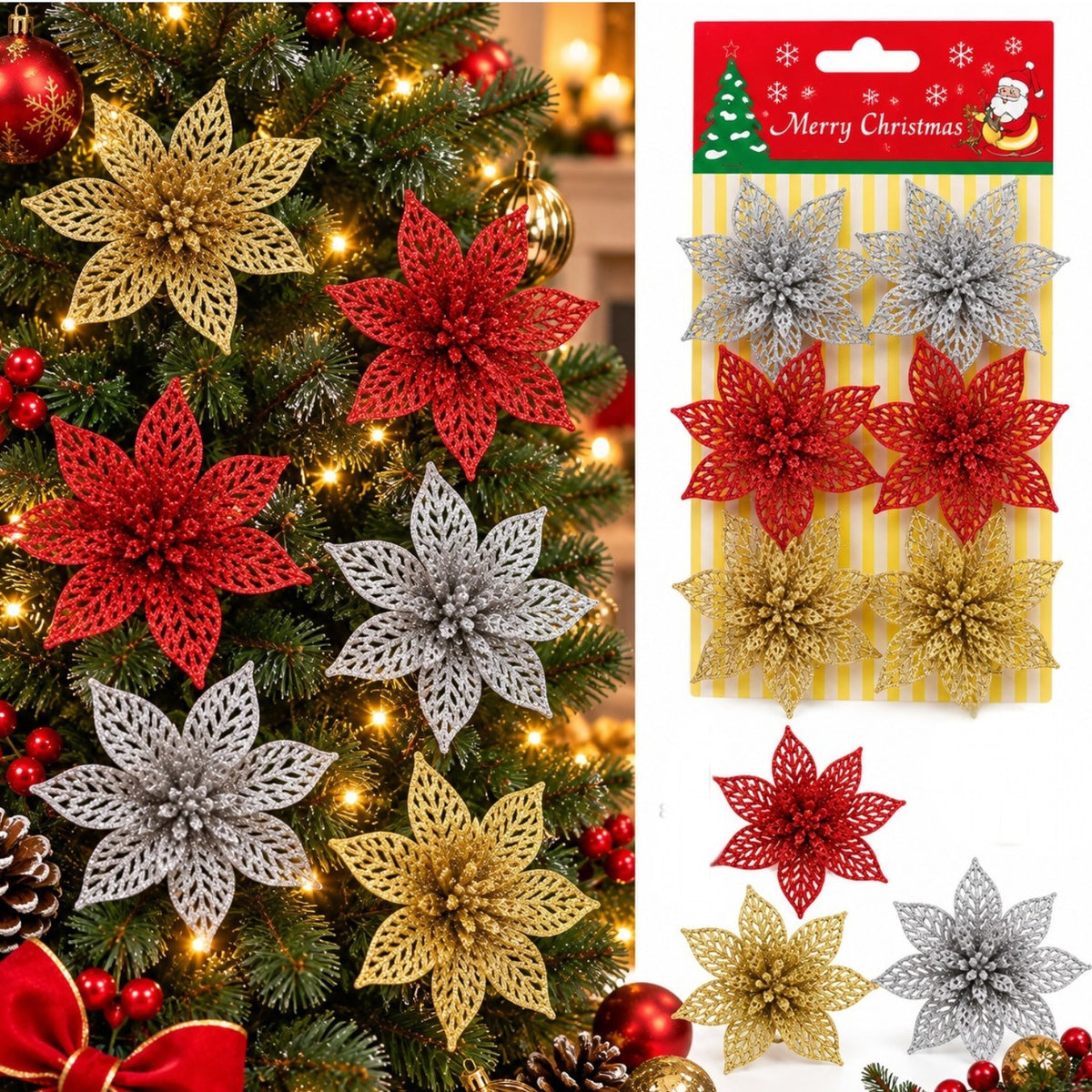 Ornamente pentru Brad 6/set, de Craciun 8cm cu Sclipici, Model Craciunite, Diferite Culori Engros
