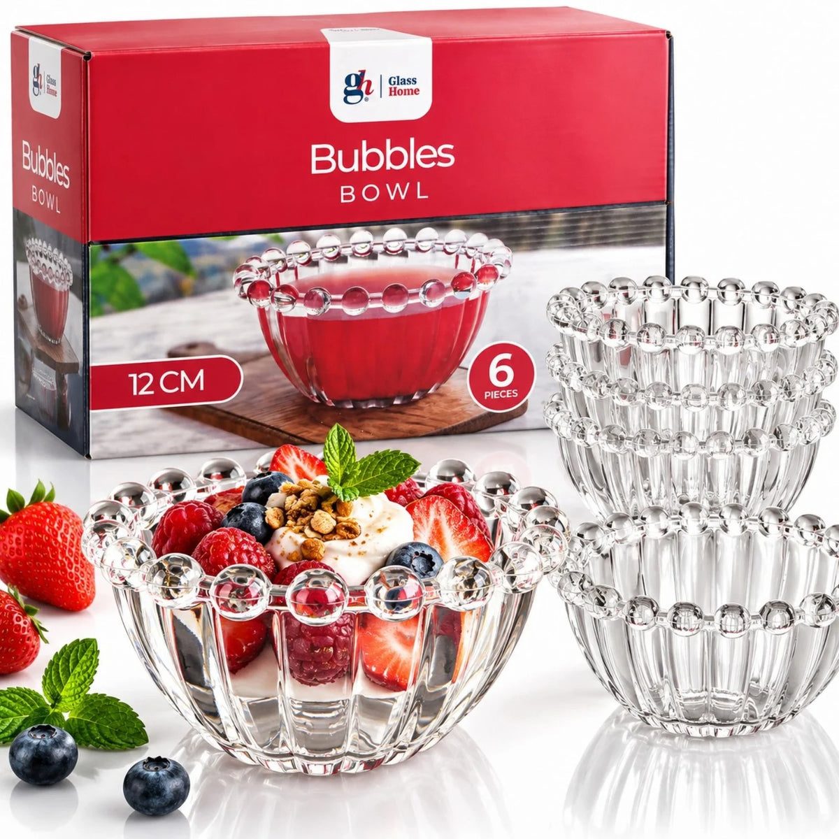 Bol din Sticla 6/Set, Model Bubbles, 12x6.5cm, Transparent Engros