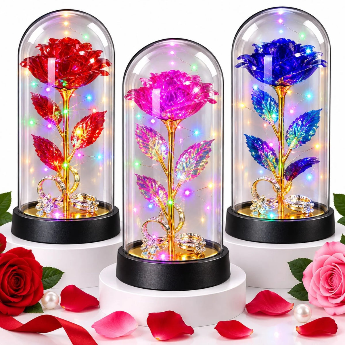 Trandafir Cristalizat 20x9.5cm, cu Lumina LED Multicolor sub Cupola Transparenta, cu 2 Inele Decorative, Diferite Culori Engros