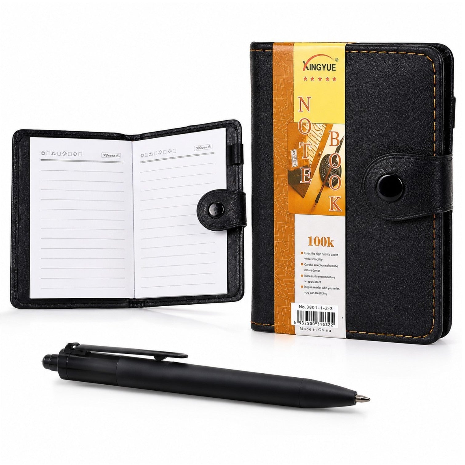 Agenda A7 cu Copertă 10.5x7.5cm, din Piele Ecologică, 100k, Închidere cu Capsă și Pix Inclus Engros