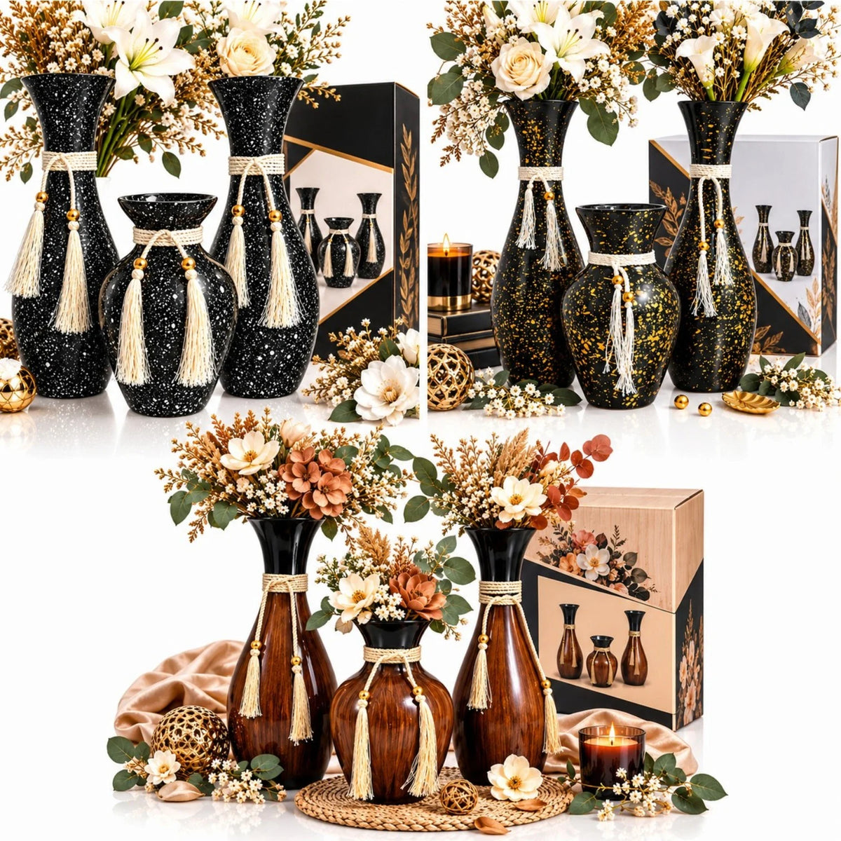 Vaze Decorative din Sticla, 3/Set, Diferite Culori Inchise cu Efect Stropit, Snur si Ciucuri Eleganti, 2 Vaze Mari de 37 cm si 1 Vaza Mica de 22 cm Engros
