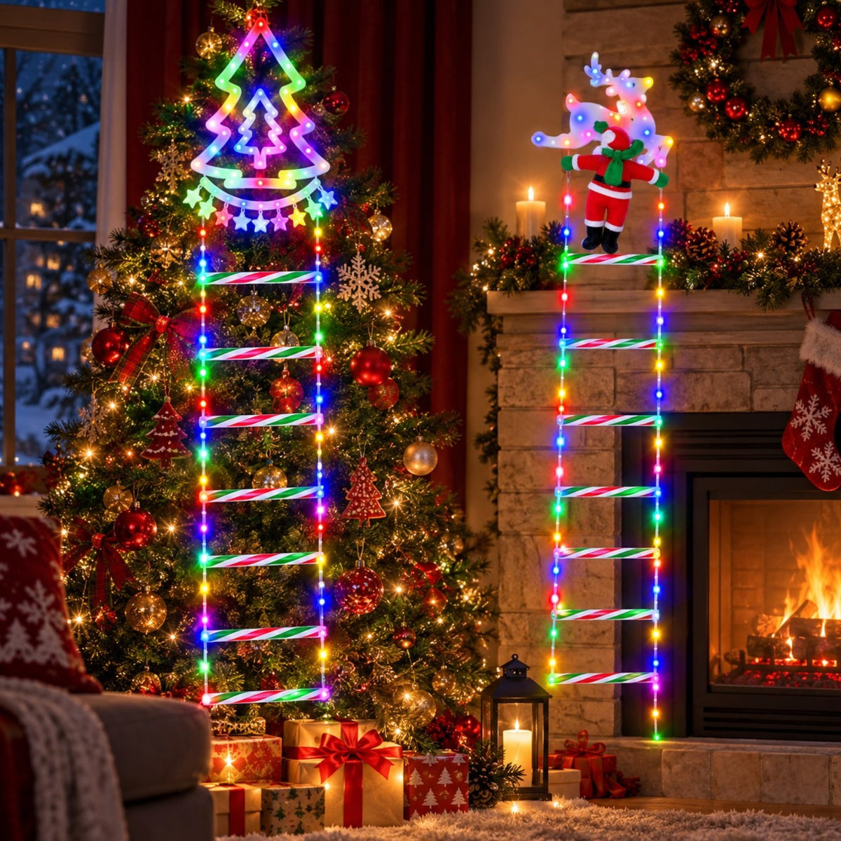 Instalatie LED Scara de Craciun 170cm, Mos Craciun Detasabil 22cm, Ren sau Brad 2 Modele, Lumina Multicolora, Jocuri de Lumini, Flash, Cablu 120cm Engros