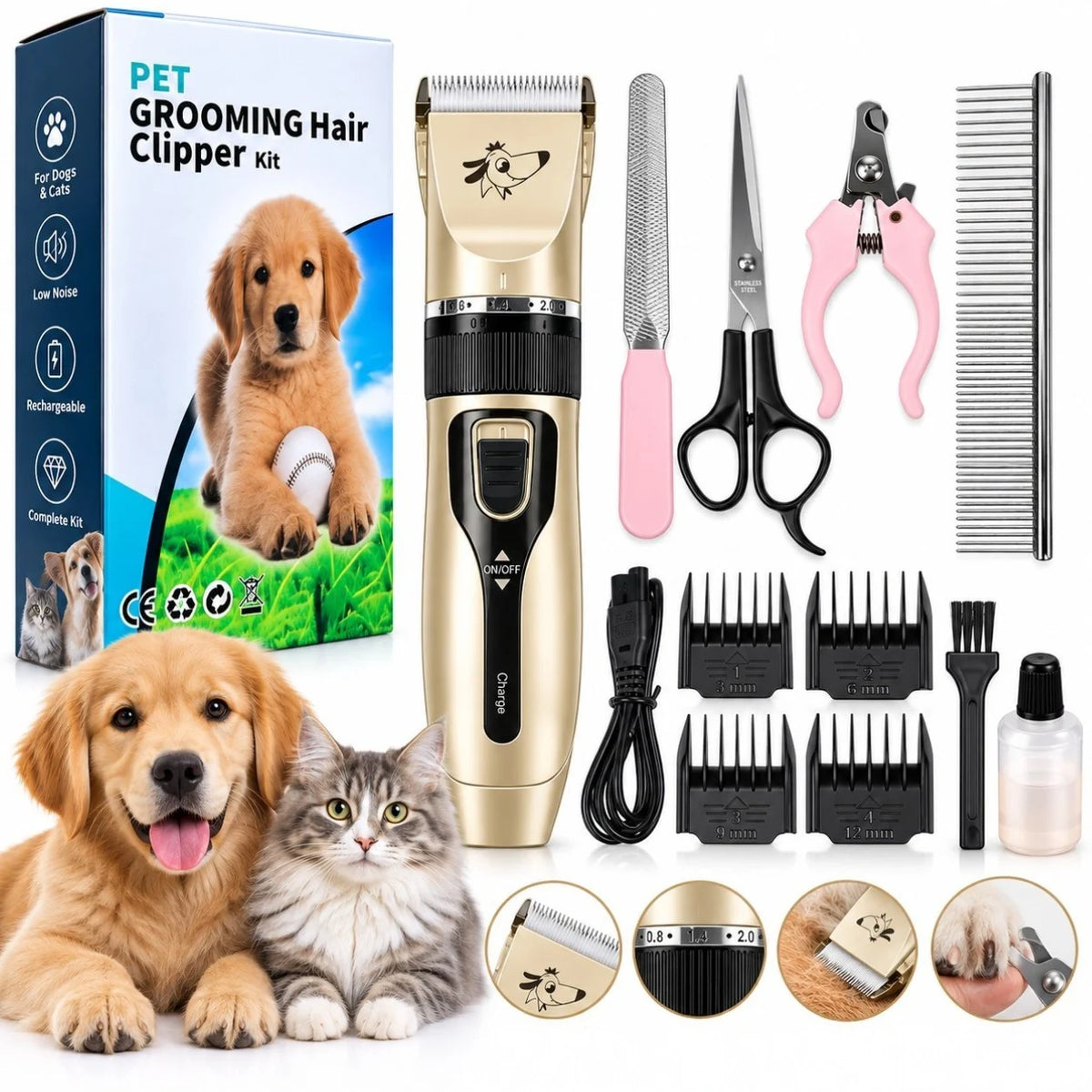 Aparat de Tuns Caini si Pisici Pet Grooming, Reincarcabil, cu 4 Capete Distantier, Foarfeca, Cleste Unghii, Pila, Pieptene si Accesorii Engros