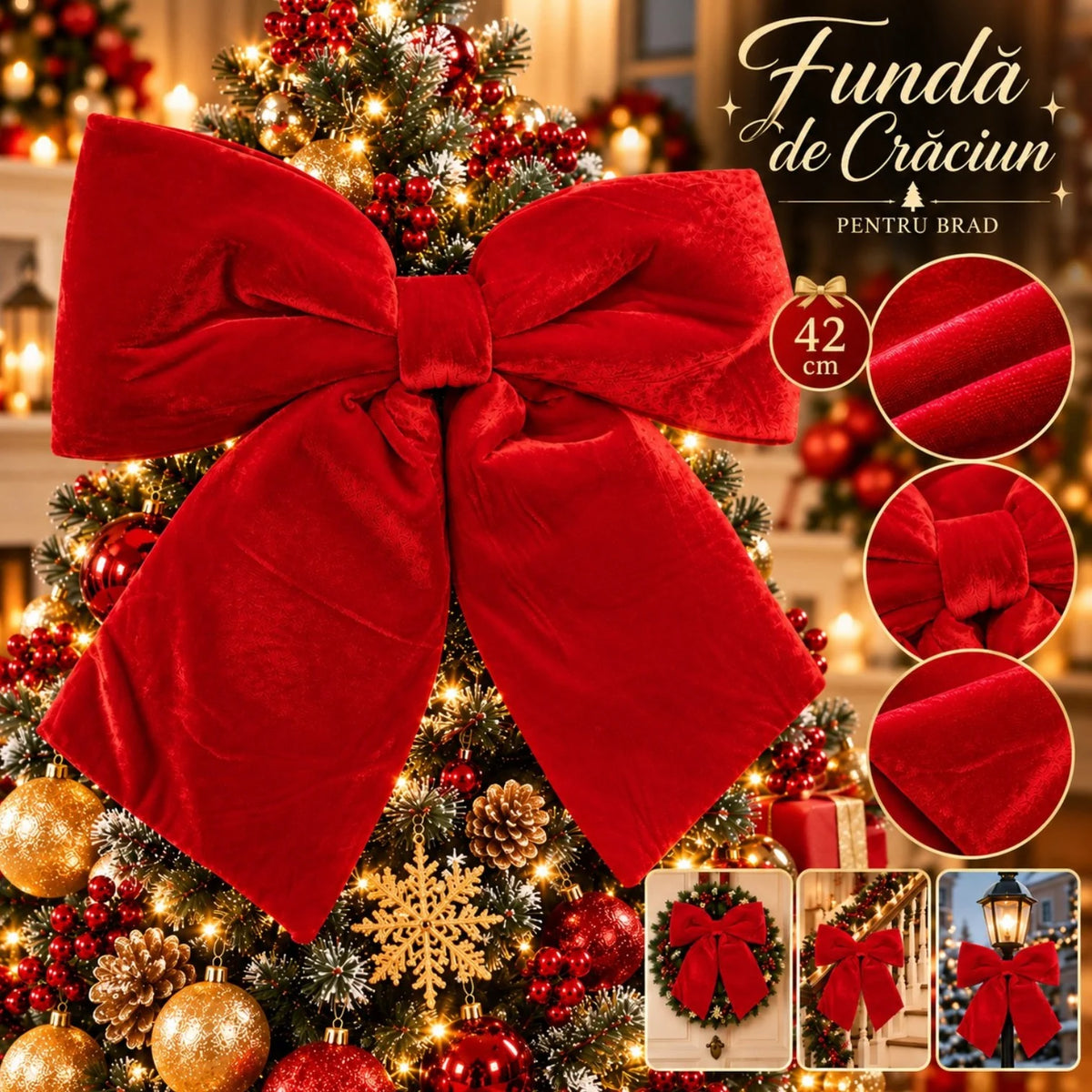 Fundă Decorativă de Crăciun 42x37cm, Roșie din Catifea, cu Agățătoare, pentru Vârful Bradului, Coronițe și Ghirlande Engros