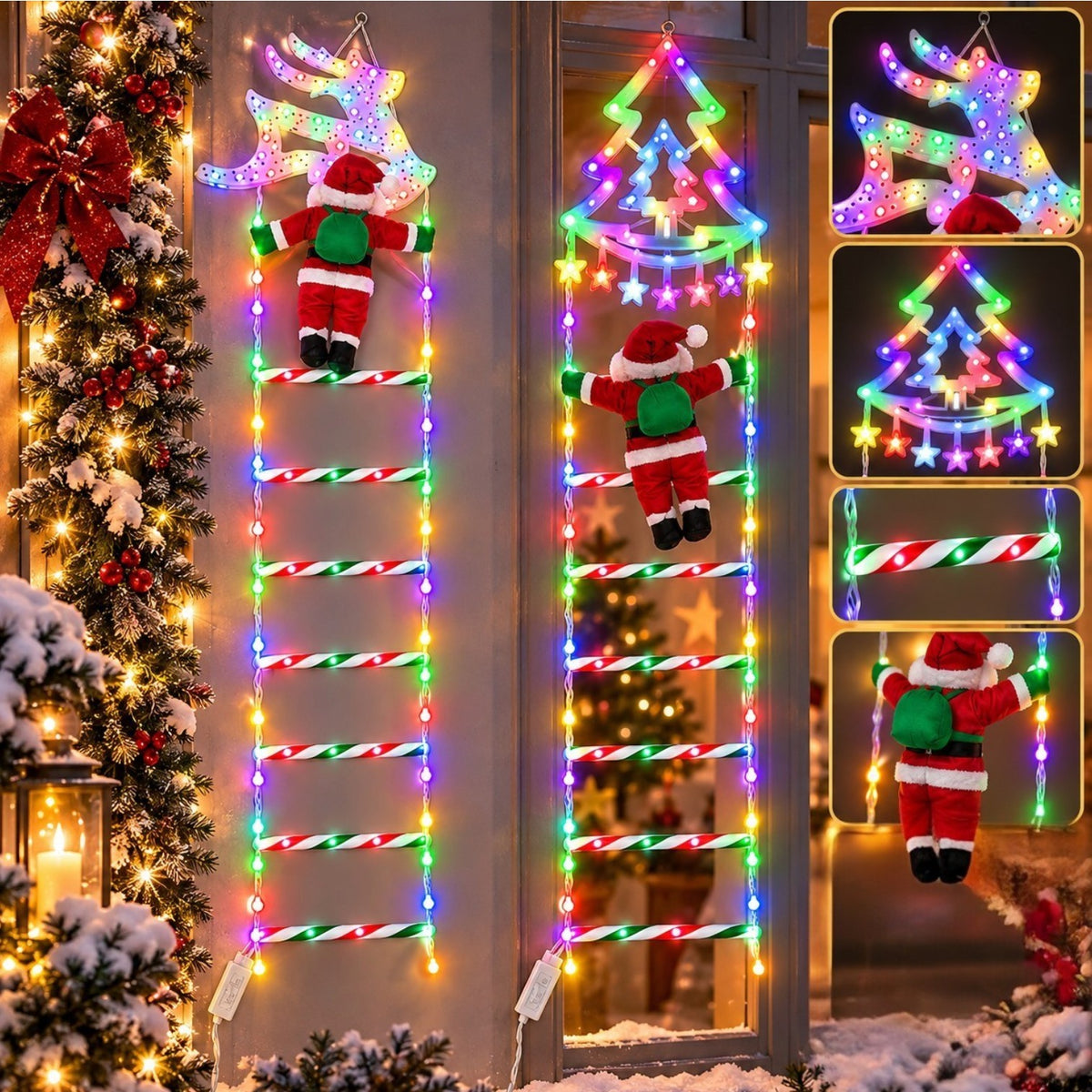 Instalatie LED Scara de Craciun 170cm, Mos Craciun Detasabil 22cm, Ren sau Brad 2 Modele, Lumina Multicolora, Jocuri de Lumini, Flash, Cablu 120cm Engros