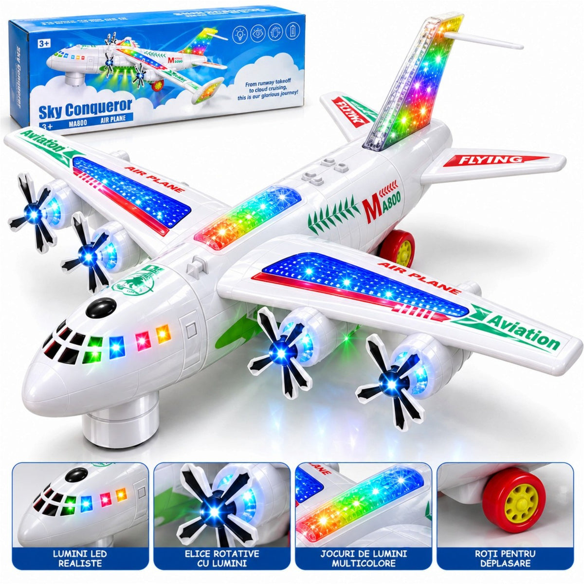 Avion de Jucărie MA800, 42x46cm, cu 4 Elice Rotative, Lumini LED Multicolore, Muzică și Mișcare, Alimentare pe Baterii Engros