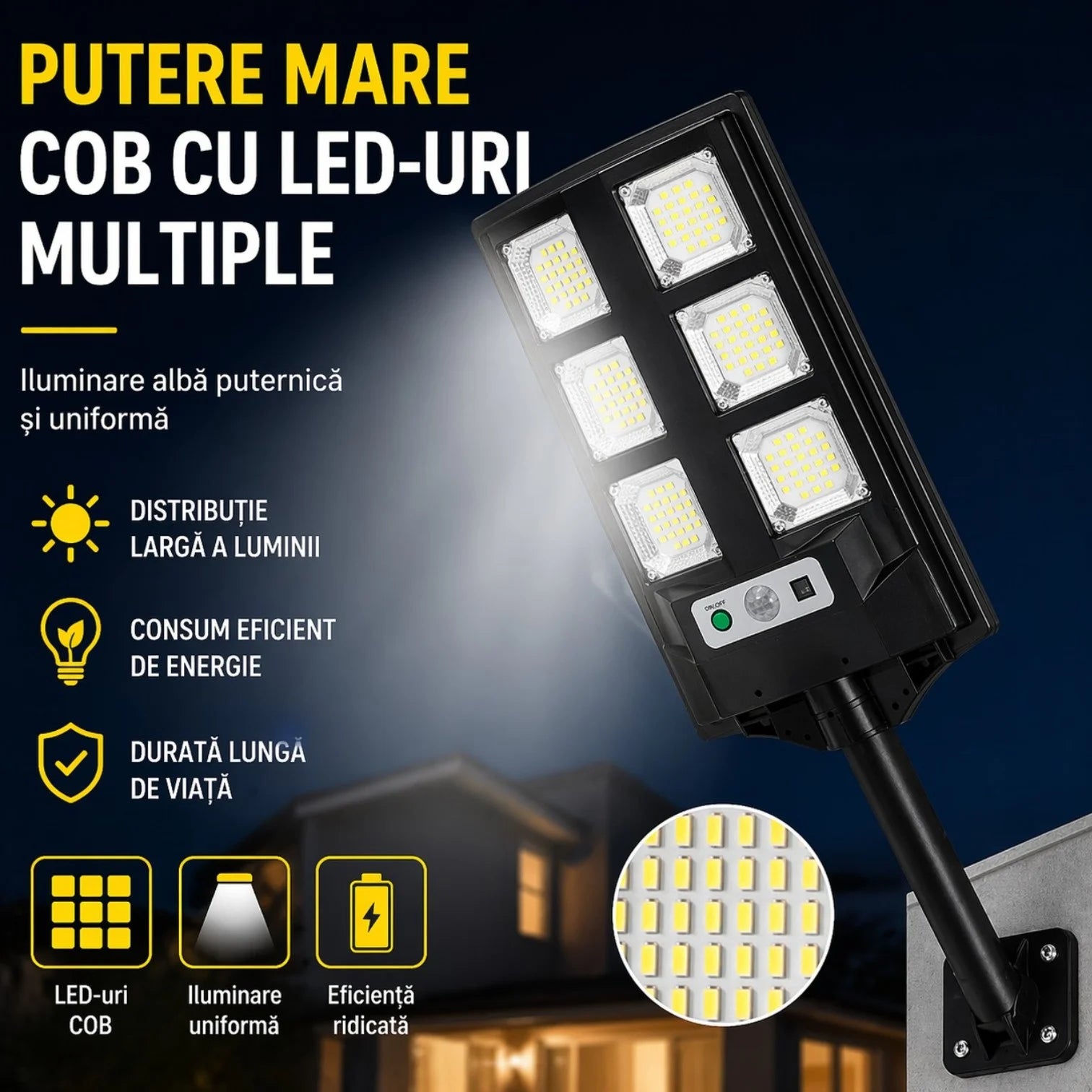 Lampă Solară Stradală BK260-6, 43cm, cu Panou Solar Integrat, 6 LED-uri Puternice, Telecomandă, Senzor de Lumină, Rezistentă la Apă Engros