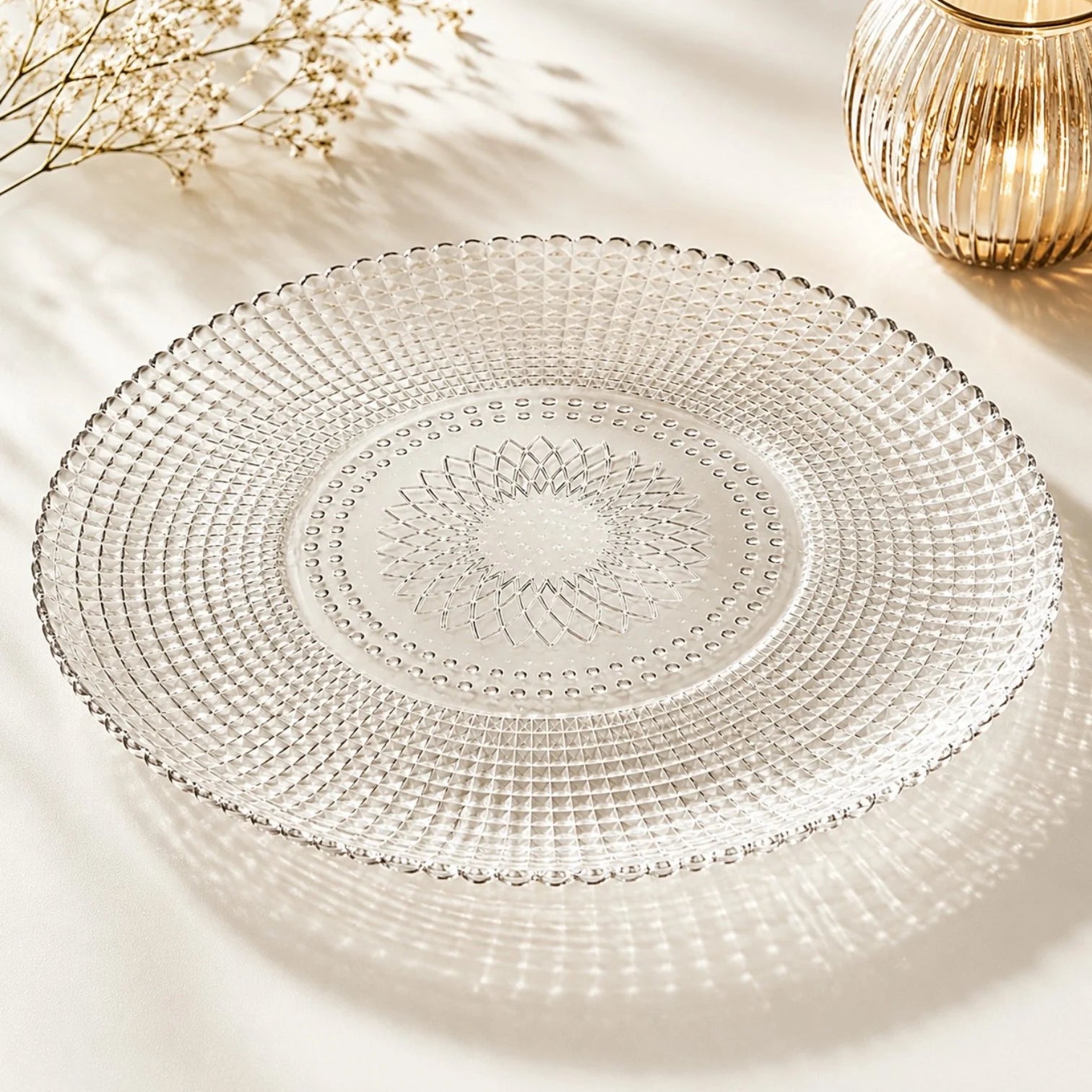 Platou din Sticlă 6/set, Transparent 27cm, Model Floral Engros