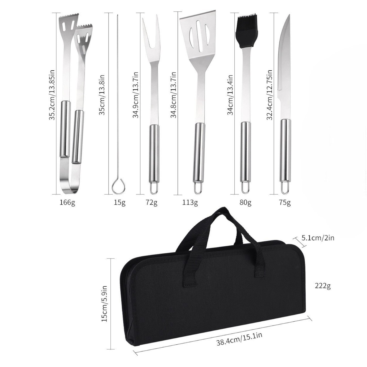 Ustensile Grătar 9 Piese 35cm, din Oțel Inoxidabil, cu Geanta Transport Engros