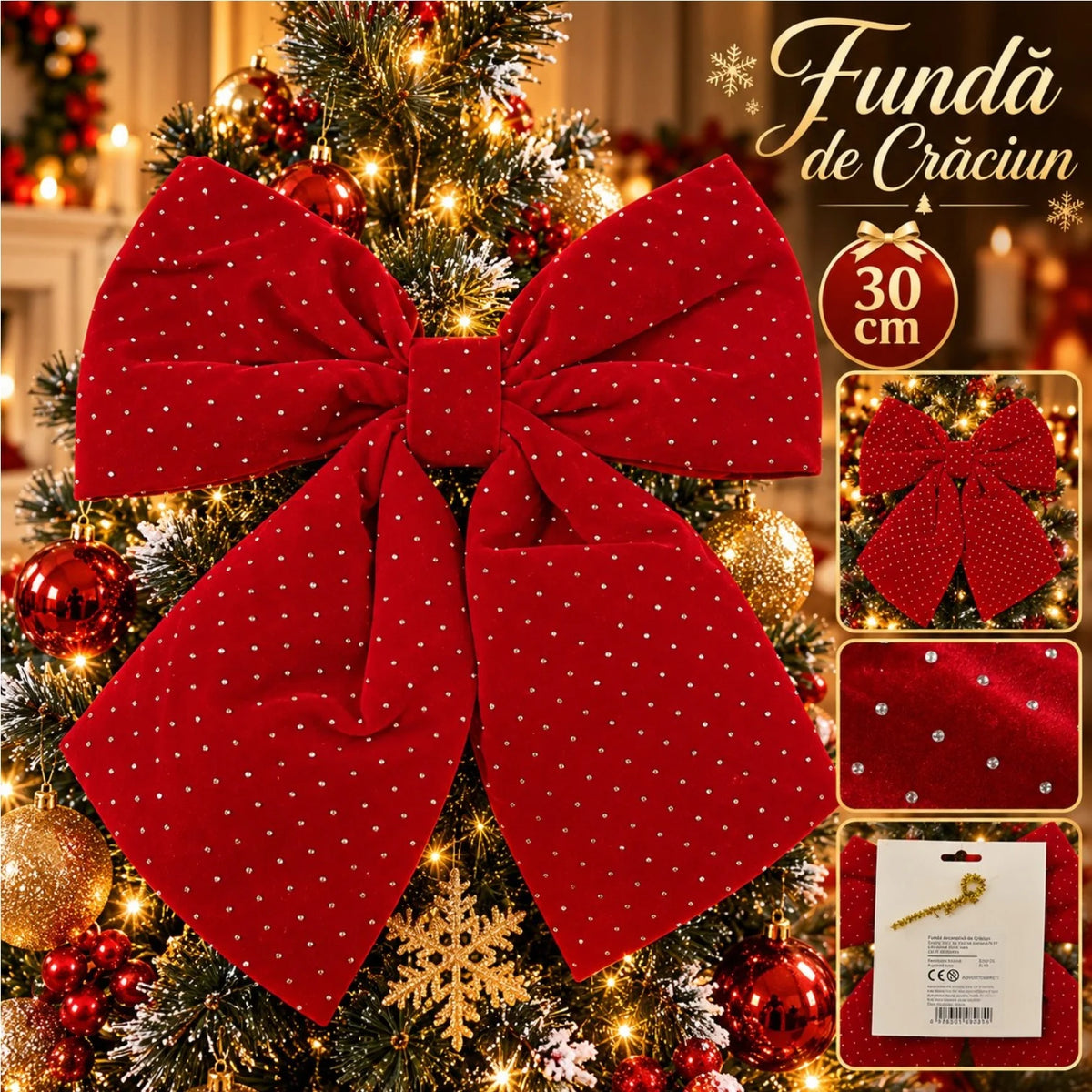 Fundă Decorativă de Crăciun 30x30cm, Roșie din Catifea cu Pietricele Strălucitoare, Fundă Mare pentru Brad, Coronițe și Ghirlande Engros
