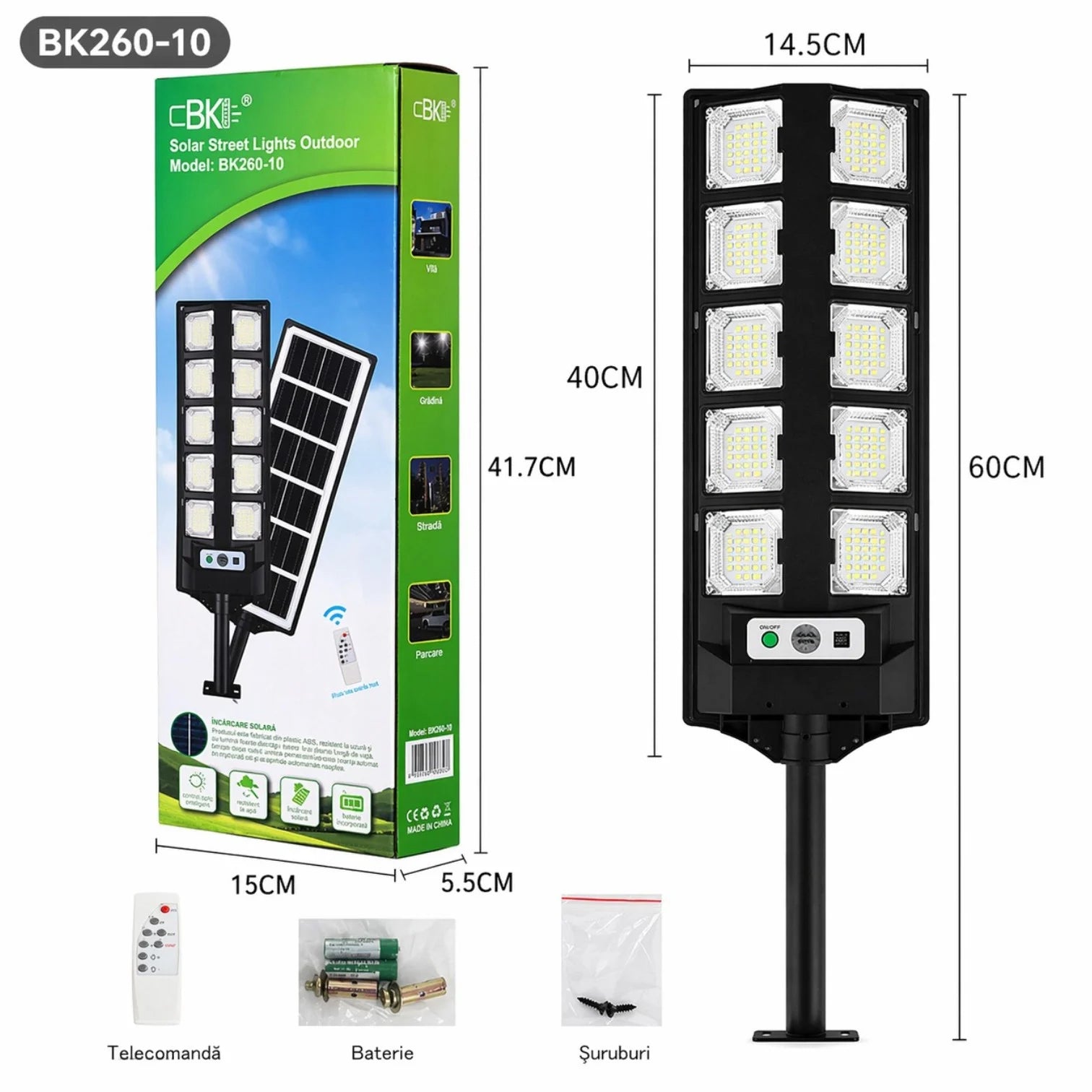 Lampă Solară Stradală BK260-10, 60cm, cu Panou Solar Integrat, 10 LED-uri Puternice, Telecomandă, Senzor de Lumină, Rezistentă la Apă Engros