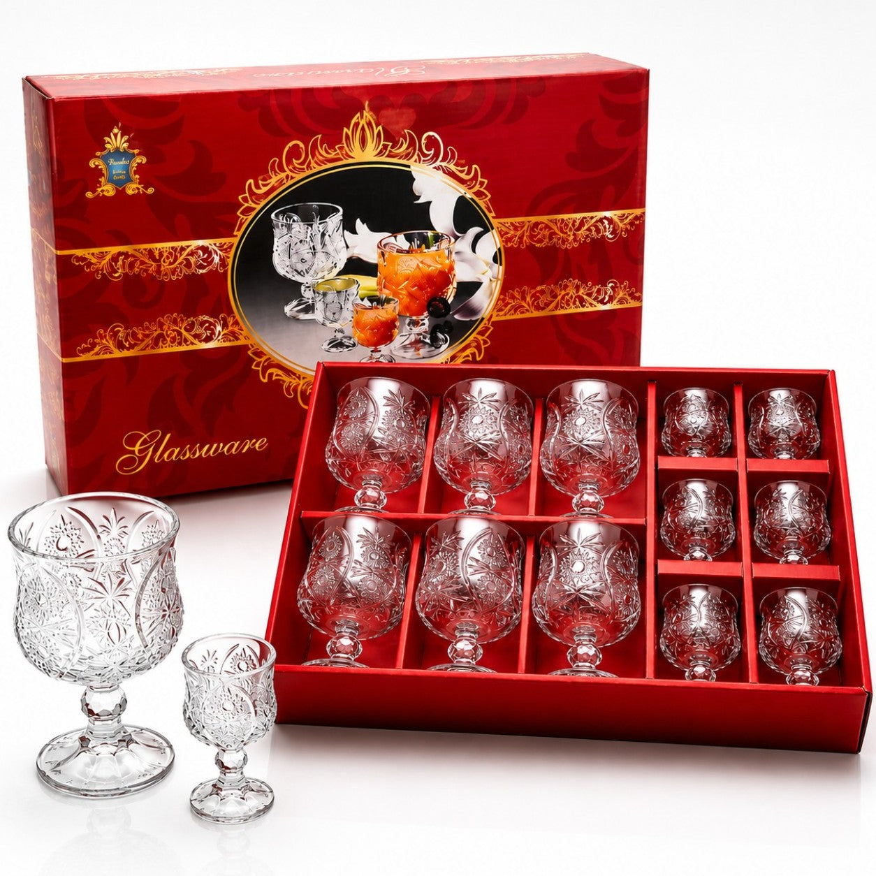 Pahare Kidda 12 Piese, 6 Mari 200ml + 6 Mici 60ml, Sticla Transparenta cu Picior, in Cutie Engros