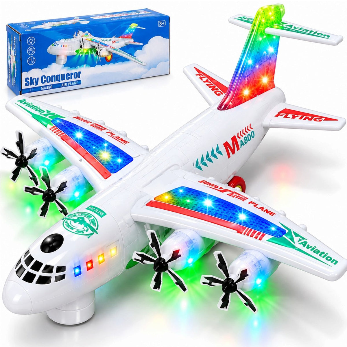 Avion de Jucărie MA800, 42x46cm, cu 4 Elice Rotative, Lumini LED Multicolore, Muzică și Mișcare, Alimentare pe Baterii Engros
