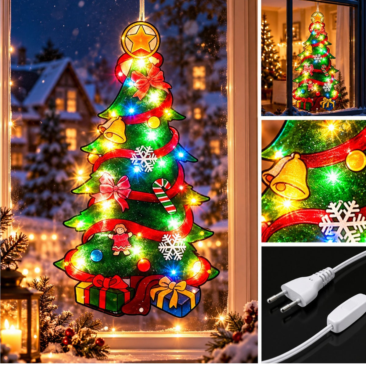 Decoratiune de Craciun Brad, 43.5x23cm, Ornament Geam cu Instalatie LED Multicolora, Alimentare la Priza Engros