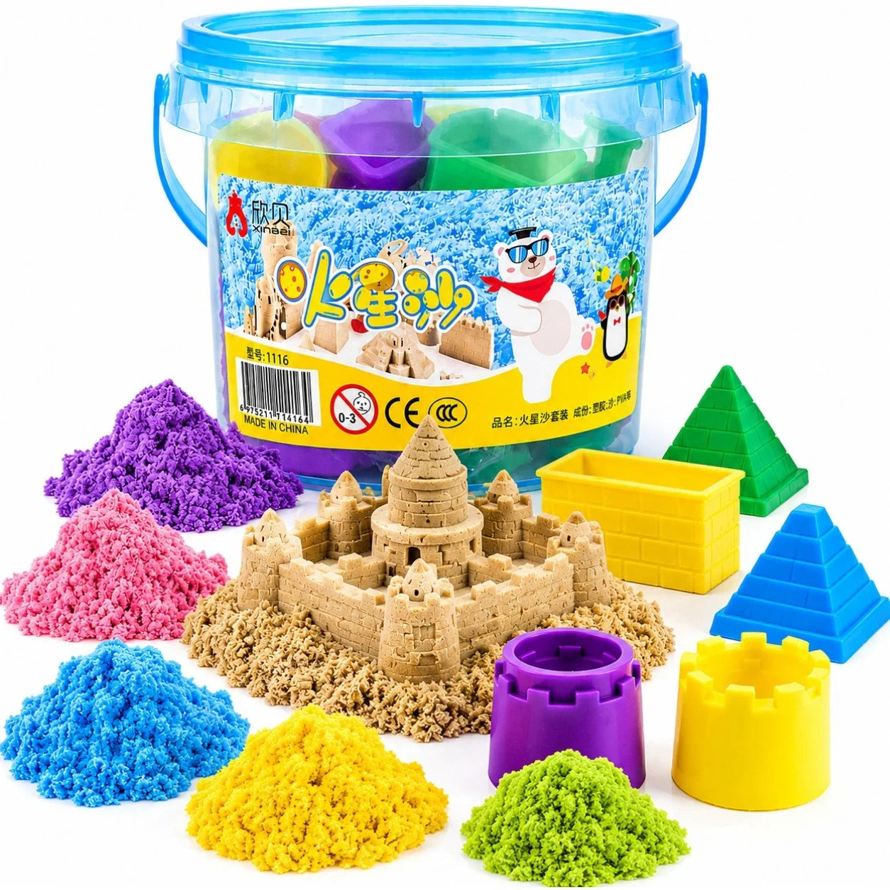 Nisip Kinetic pentru Copii 500g, cu 6 Forme de Castel, in Galetusa, Diferite Culori Engros