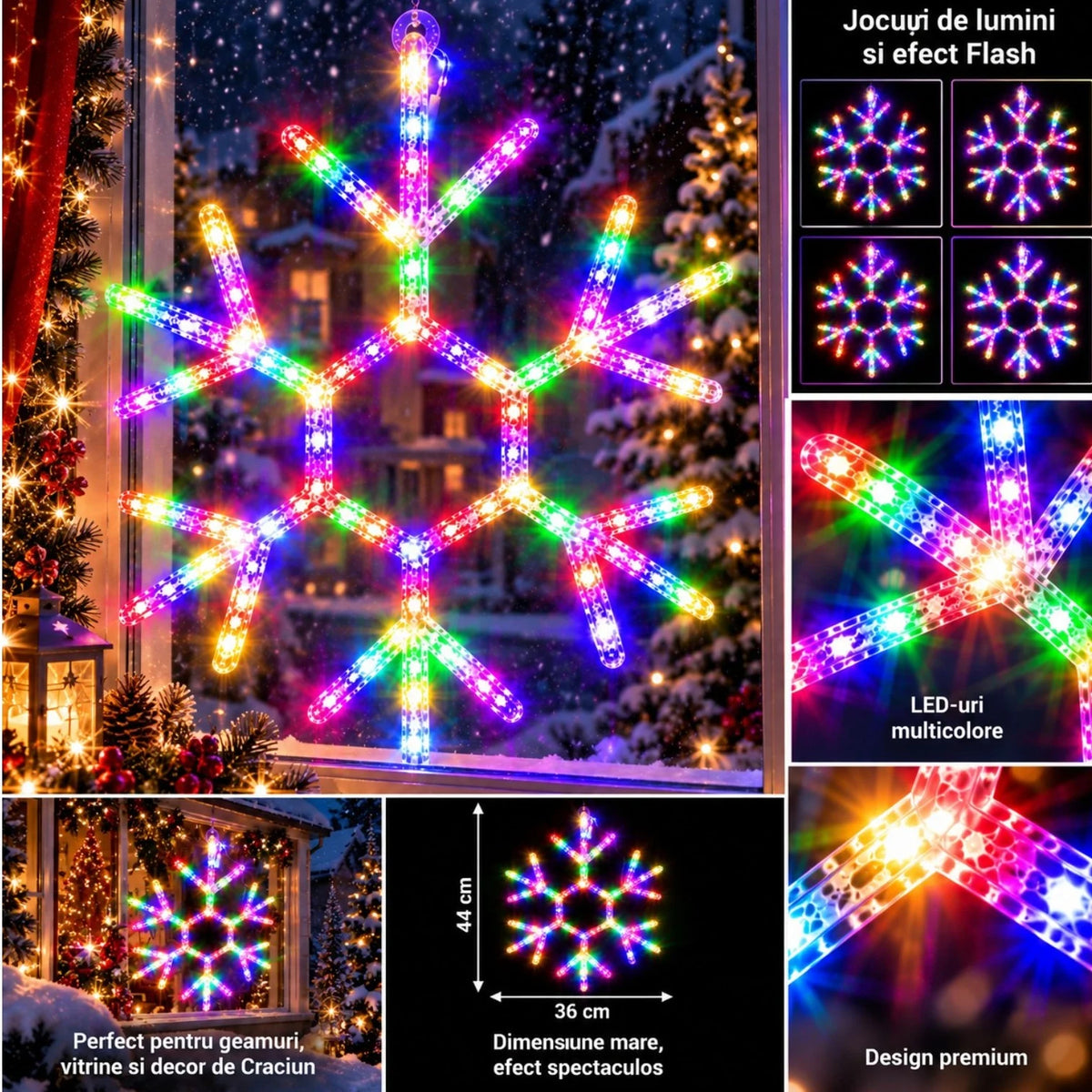 Instalatie LED Decoratiune de Craciun 44x36cm, Model Fulg de Nea, Lumina Multicolora, Jocuri de Lumini si Efect Flash, pentru Geam, Alimentare la Priza, pentru Geam Engros