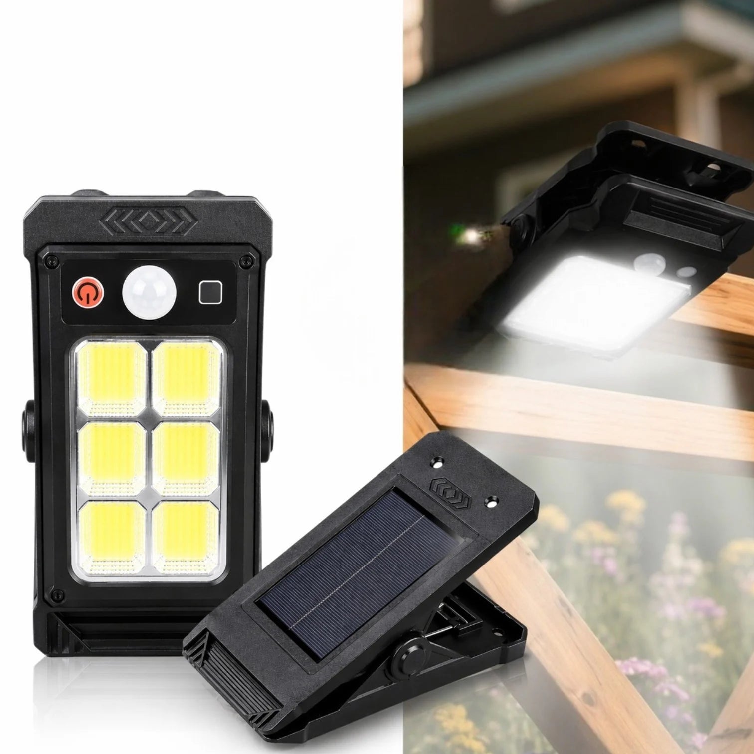 Lampă Solară LED 17x8cm, Tip Clește Reglabil, 6 LED-uri COB Puternice, Senzor de Mișcare, Panou Solar Integrat, Montaj Rapid pe Gard sau Balustradă, Rezistentă la Apă Engros