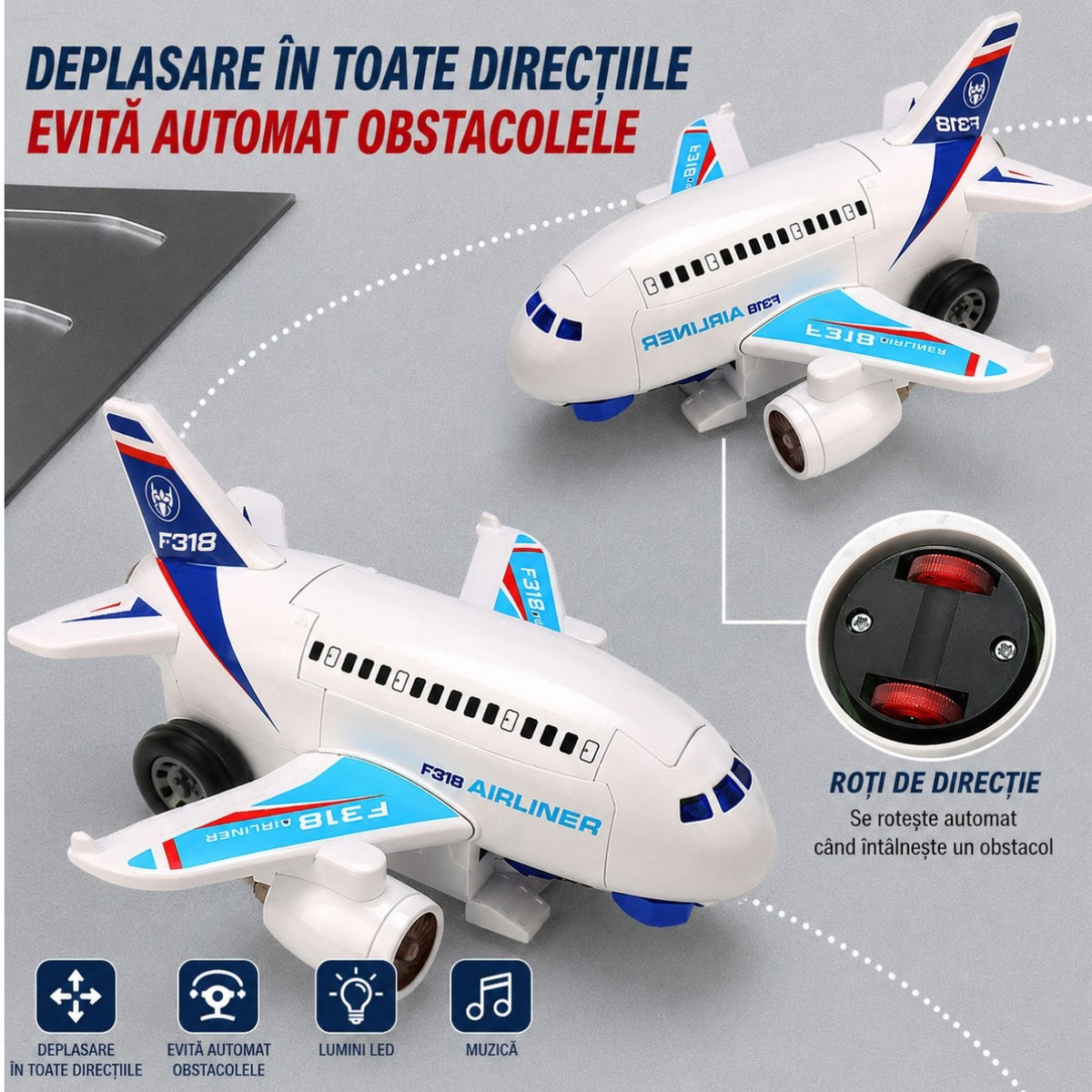 Avion Transformabil în Robot F318, 24×23×13cm, cu Lumini LED, Muzică și Deplasare Automată Engros