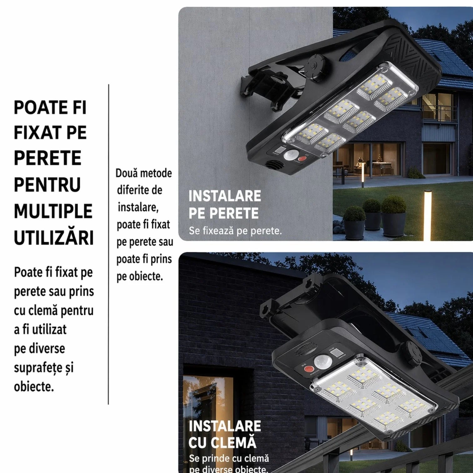 Lampă Solară LED 17x8cm, Tip Clește Reglabil, 6 LED-uri COB Puternice, Senzor de Mișcare, Panou Solar Integrat, Montaj Rapid pe Gard sau Balustradă, Rezistentă la Apă Engros