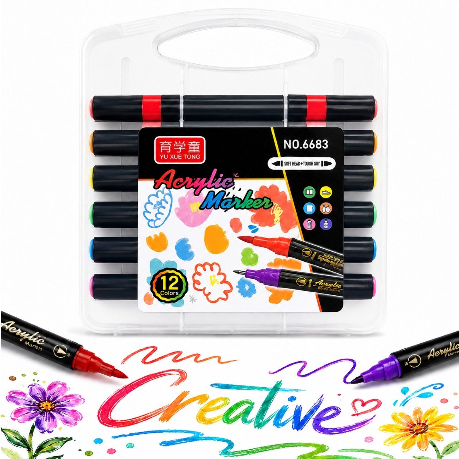 Markere Acrilice 12/set pe Bază de Apă, Două VârfurI, Pensulă Soft Brush, în Cutie Transparentă cu Mâner Engros