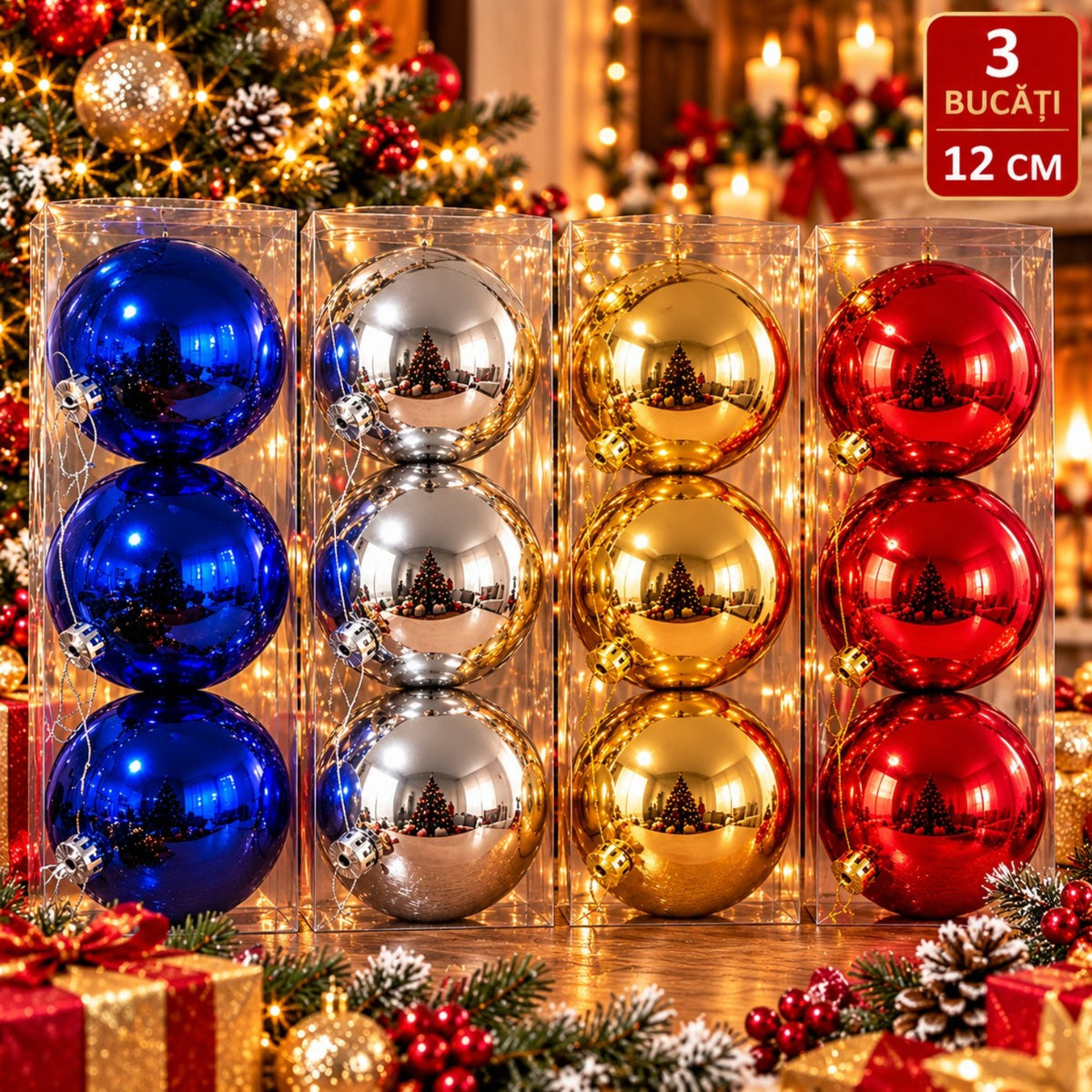Globuri de Crăciun 3 Bucăți/Set, 12cm, Lucioase, Diverse Culori, pentru Brad Engros