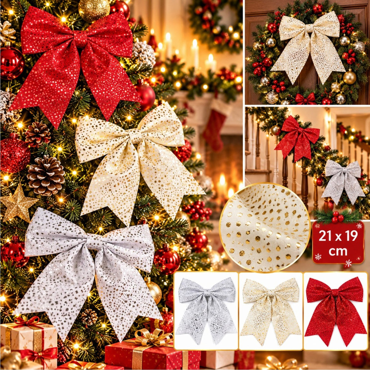 Fundă Decorativă de Crăciun 21x19cm, din Material Textil cu Puncte Metalizate Strălucitoare, Diferite Culori Engros