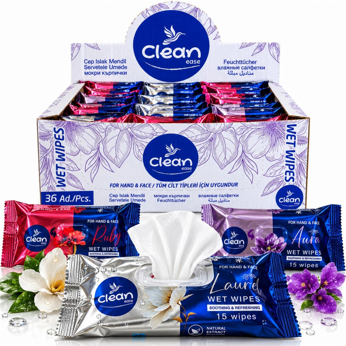 Servetele Umede Mici pentru Maini si Fata, 15 Buc/Pachet, 36 Pachete/Set, Diferite Arome Engros