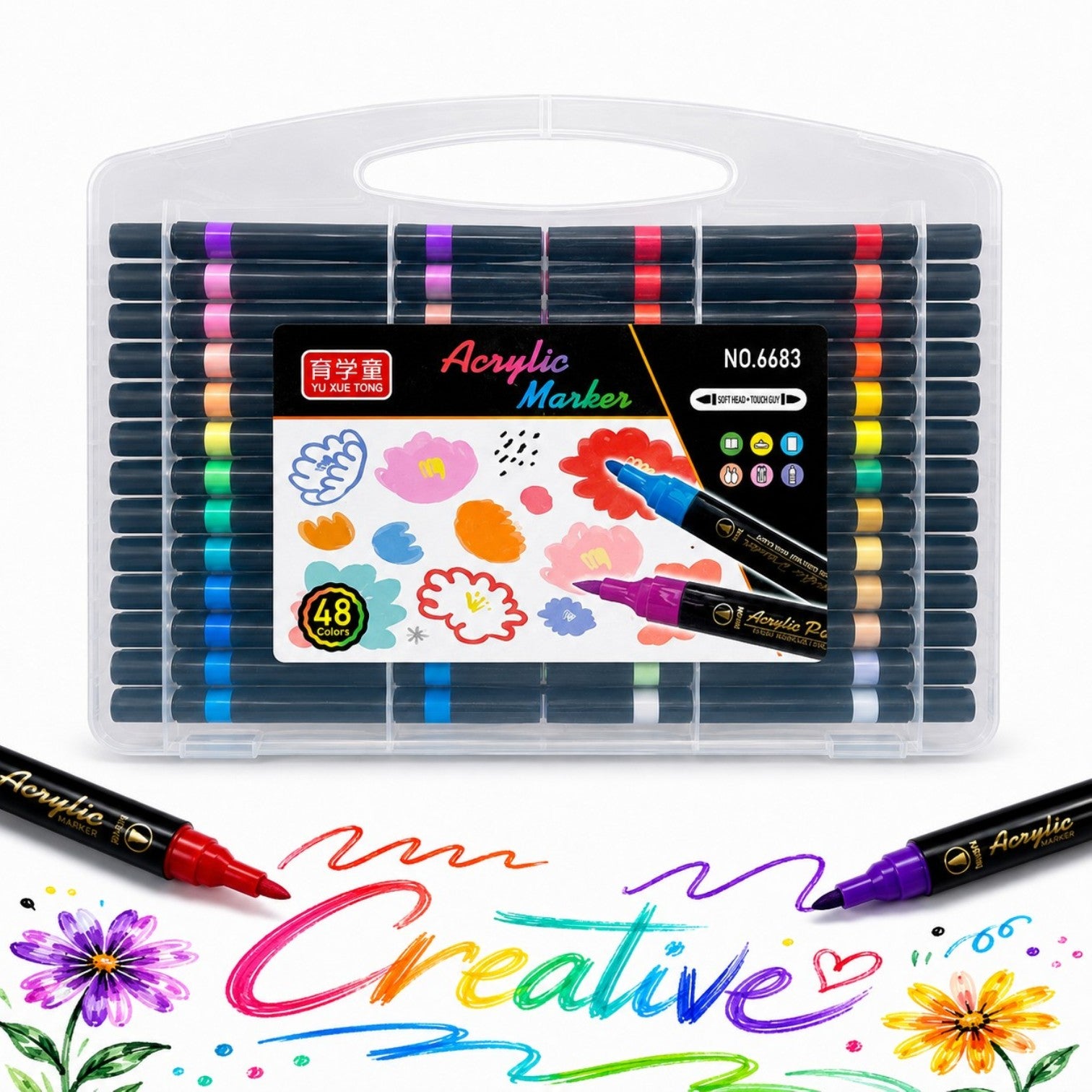 Markere Acrilice 48/set pe Bază de Apă, Două VârfurI, Pensulă Soft Brush, în Cutie Transparentă cu Mâner Engros