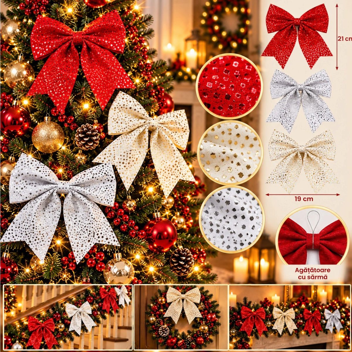 Fundă Decorativă de Crăciun 21x19cm, din Material Textil cu Puncte Metalizate Strălucitoare, Diferite Culori Engros