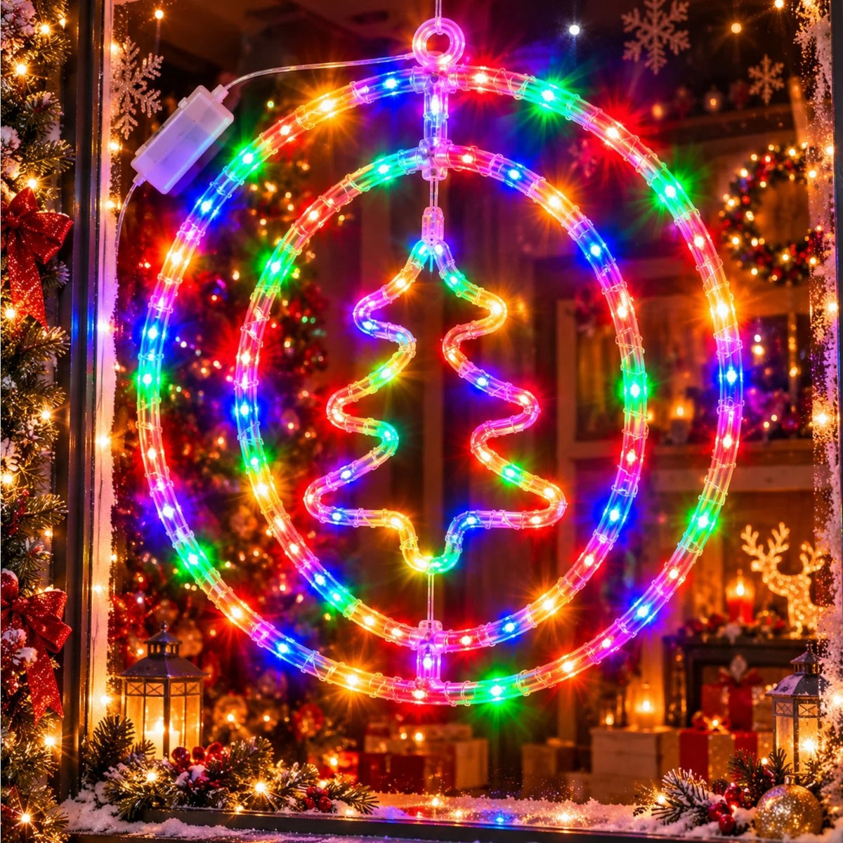 Instalatie LED 30cm, Decoratiune de Craciun Model Brad, Lumina Multicolora, Jocuri de Lumini si Efect Flash, Ornament Suspendat Transparent, pentru Geam Engros