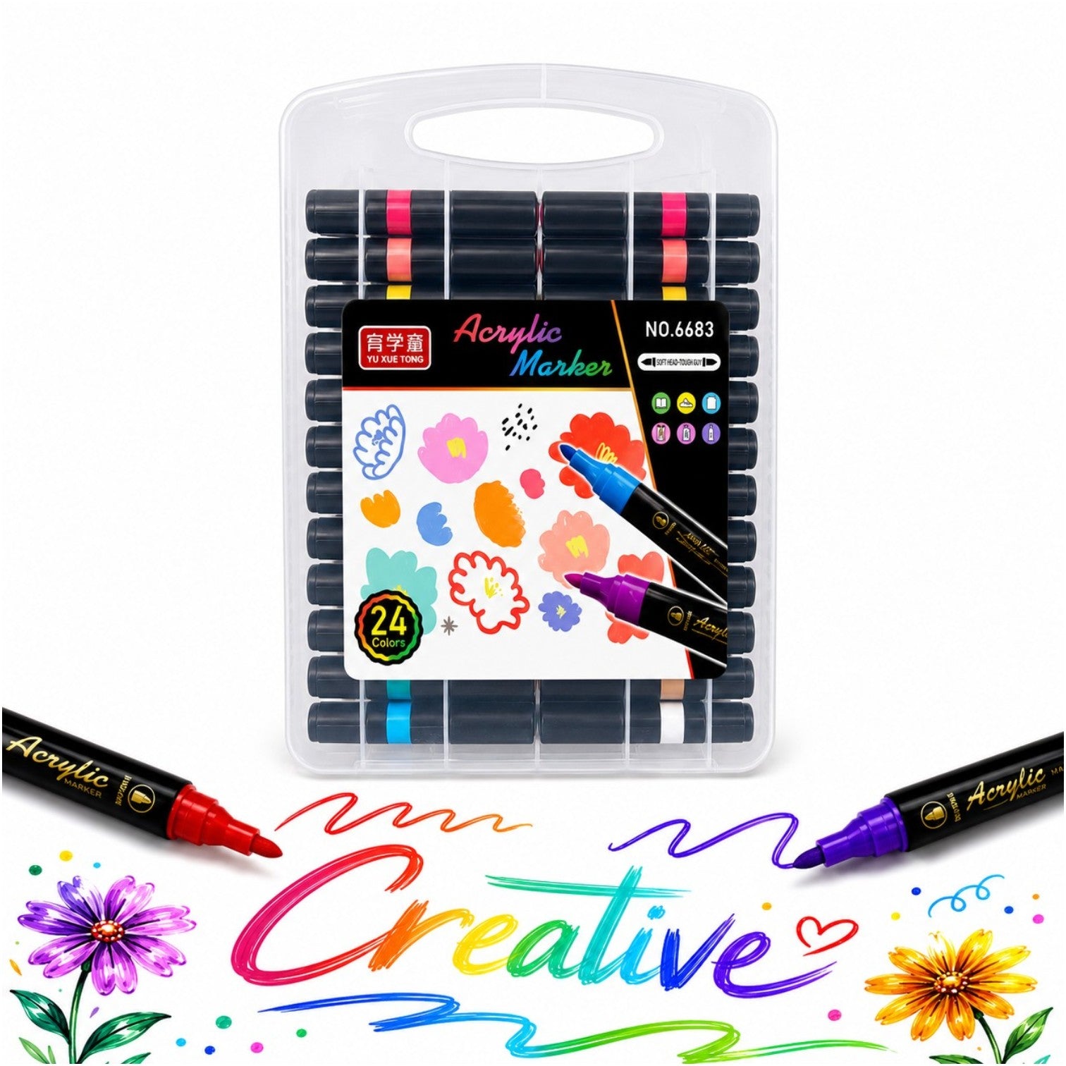 Markere Acrilice 24/set pe Bază de Apă, Două VârfurI, Pensulă Soft Brush, în Cutie Transparentă cu Mâner Engros