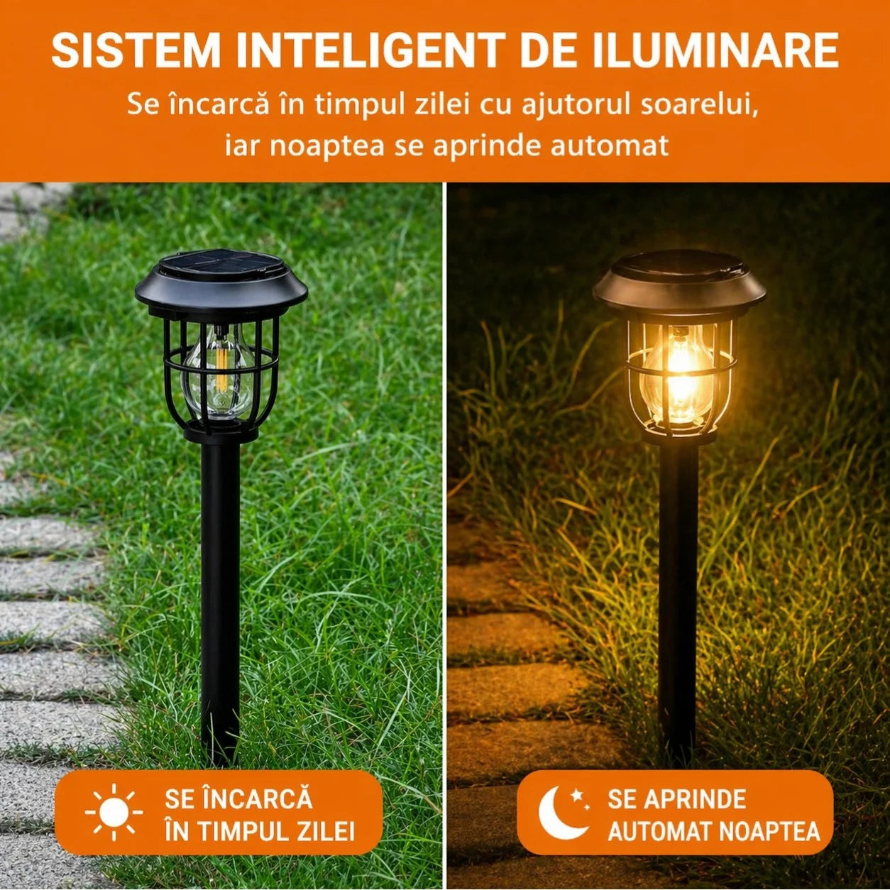 Lampă Solară de Grădină 46cm, Tip Felinar LED 13cm, Portabila cu Panou Solar Integrat, Țăruș pentru Montaj în Sol și Agățătoare pentru Suspendare Engros