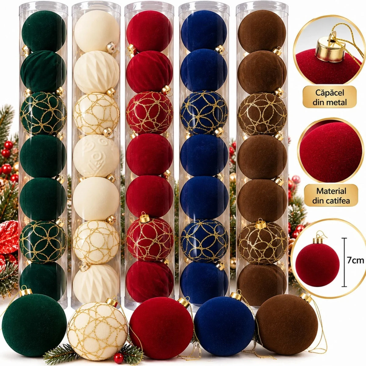Globuri de Crăciun 9/Set, 7cm, din Catifea, cu Modele și Texturi Decorative, Căpăcel și Inel de Agățare din Metal Auriu, Diferite Culori Engros