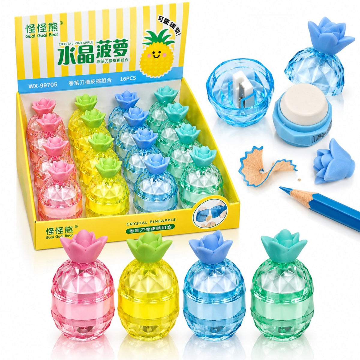 Ascutitori Colorate 16/set cu Guma de Sters 9cm Forma Ananas Engros