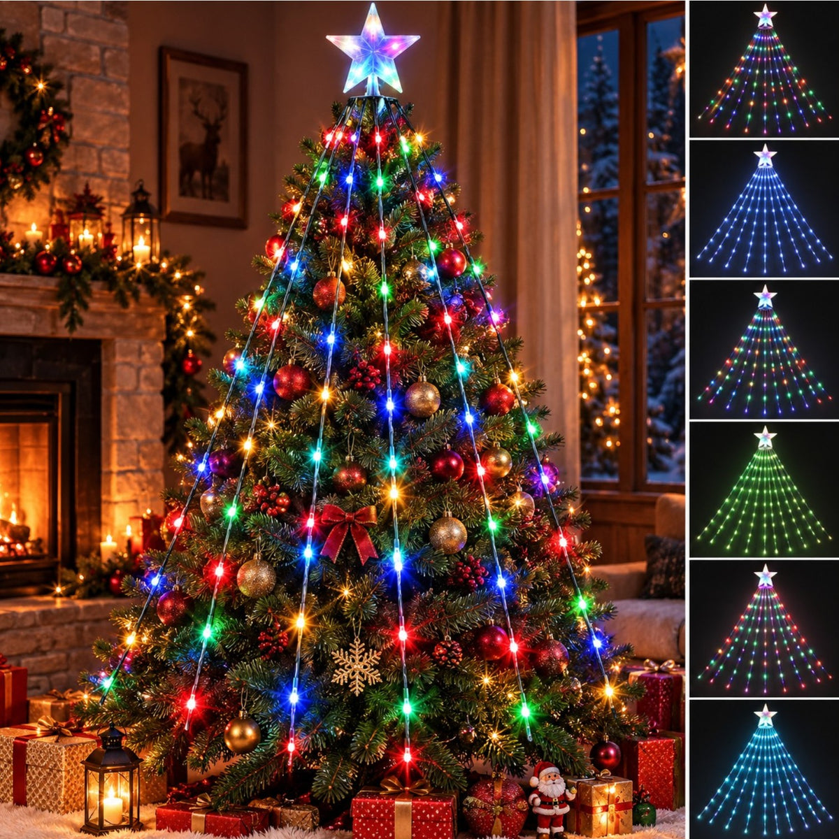 Instalație LED Franjuri/Perdea 180cm, pentru Brad de Crăciun, 288 LED-uri, Lumină Multicoloră, Jocuri de Lumini și Efect Flash, Stea Luminoasă în Vârf, Alimentare USB Engros