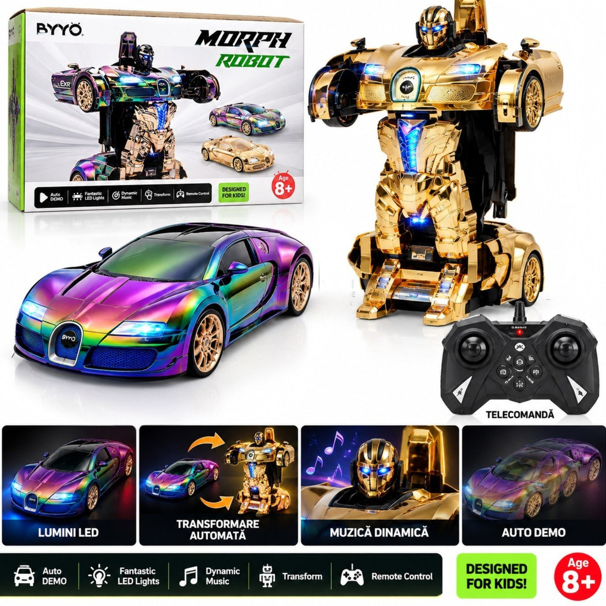 Masina Electrica RC Transformabila in Robot 48cm, cu Telecomanda, Lumini LED, Muzica si Transformare Automata, Diferite Culori Engros
