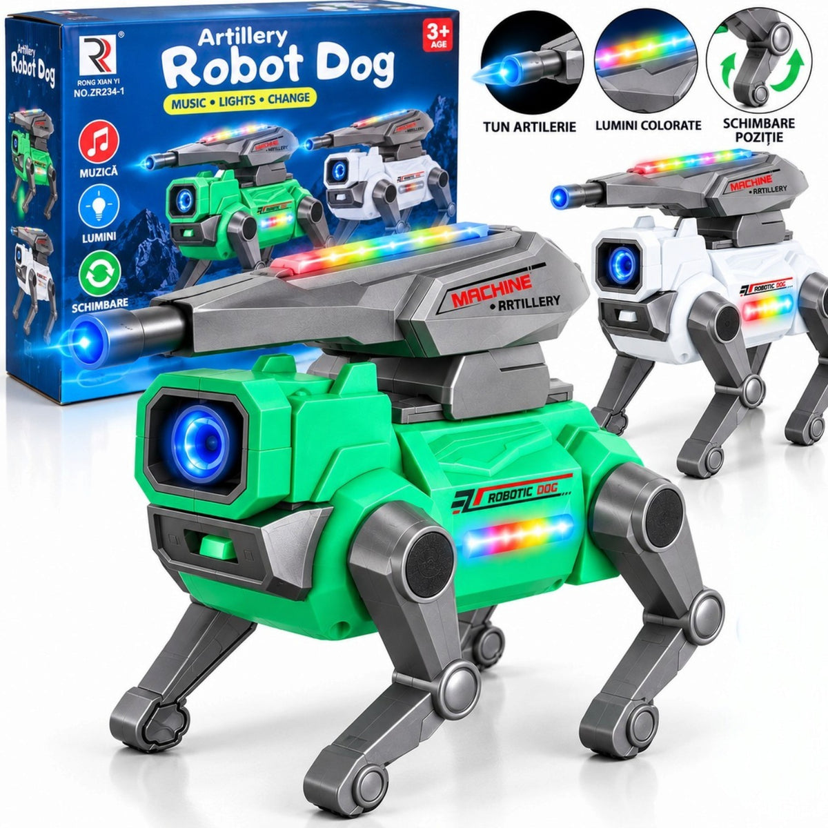 Robot Caine cu Tun 14.5x14.5cm, cu Lumini si Muzica, Miscare si Picioare Articulate, Diferite Culori Engros
