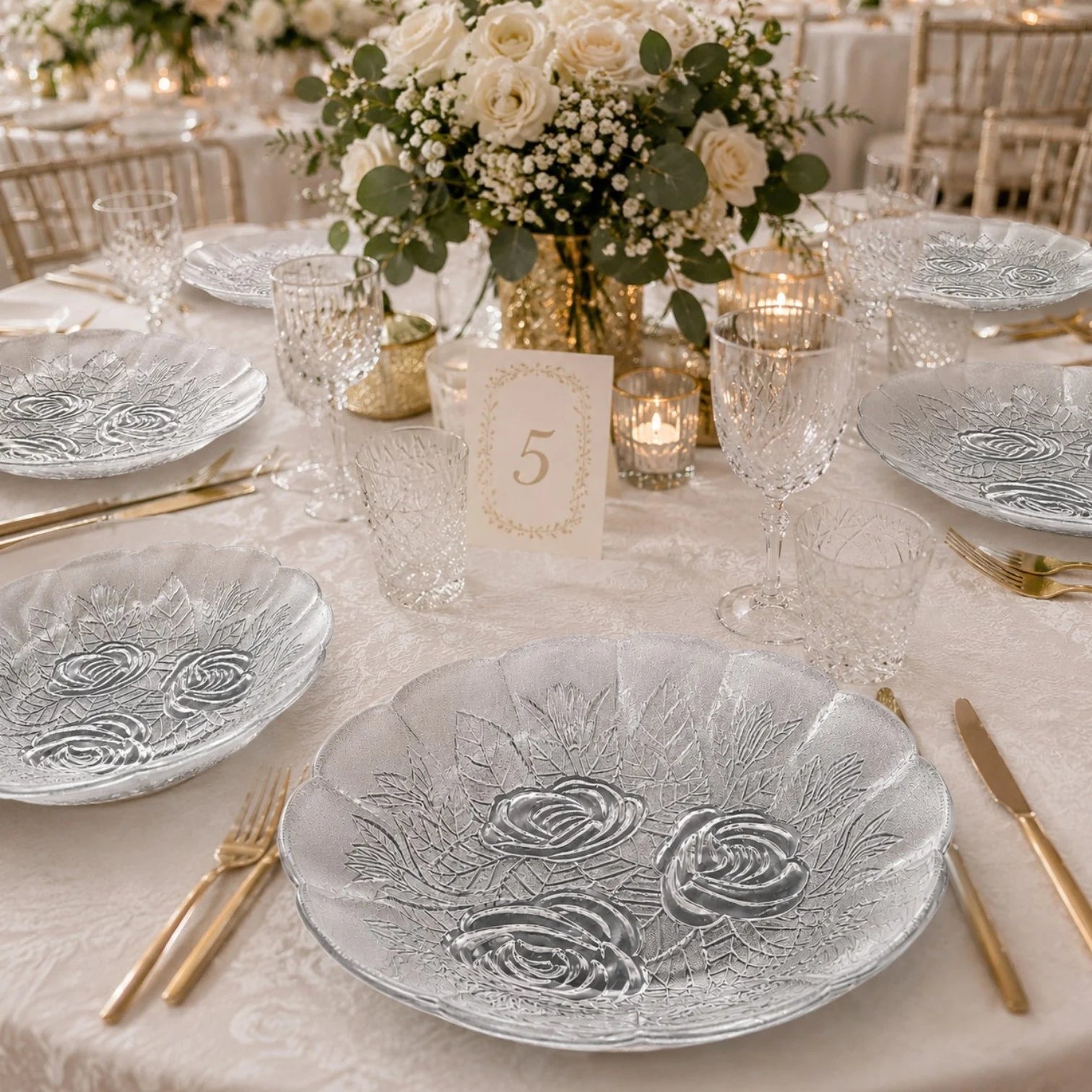 Farfurie Adâncă 6/set, din Sticlă, 23x3.5cm, Model Floral Transparent Engros