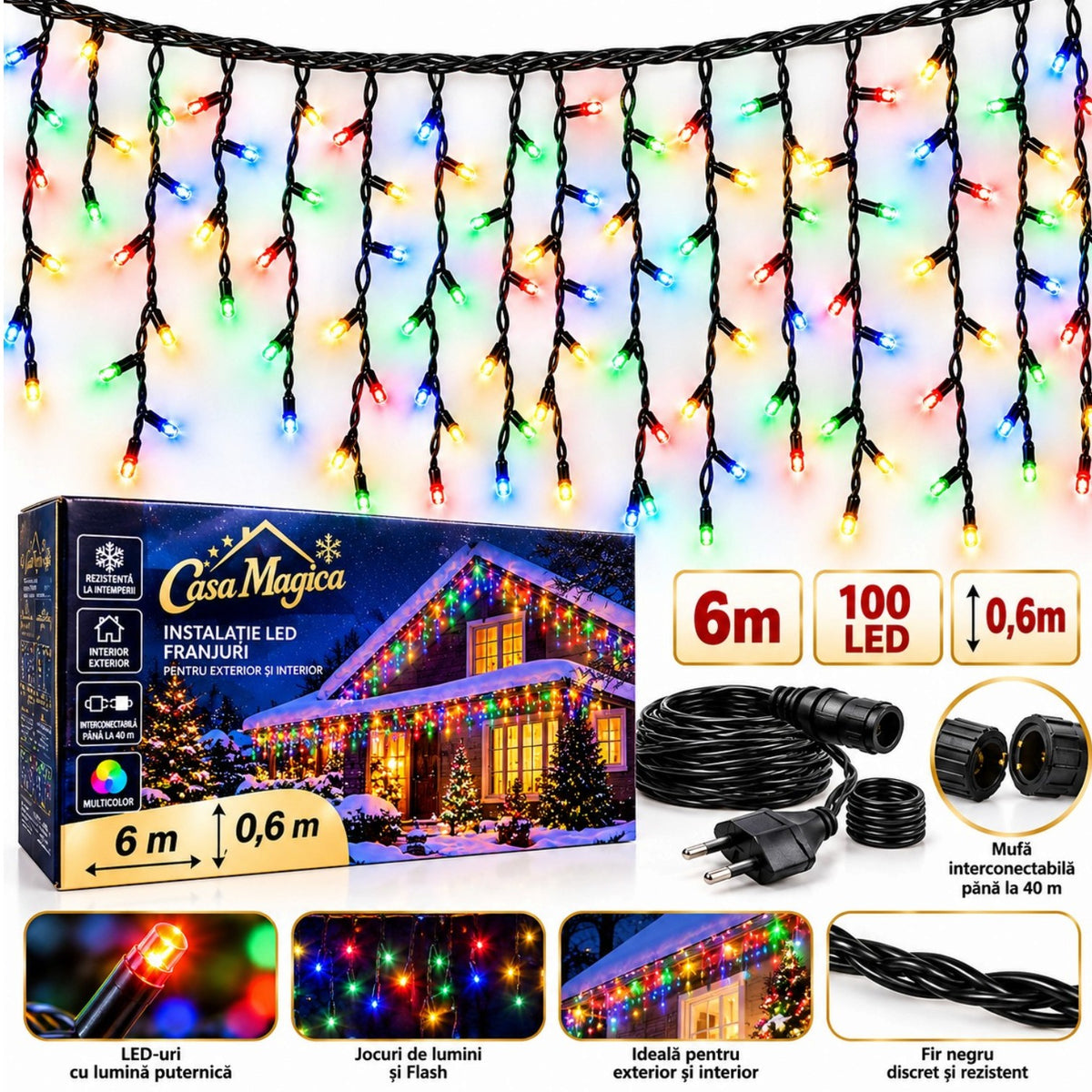 Instalație de Crăciun Tip Franjuri 6m, 100 LED-uri, Lumină Multicolora, Fir Negru, Jocuri de Lumini și Flash Alb, Mufă Interconectabilă Engros