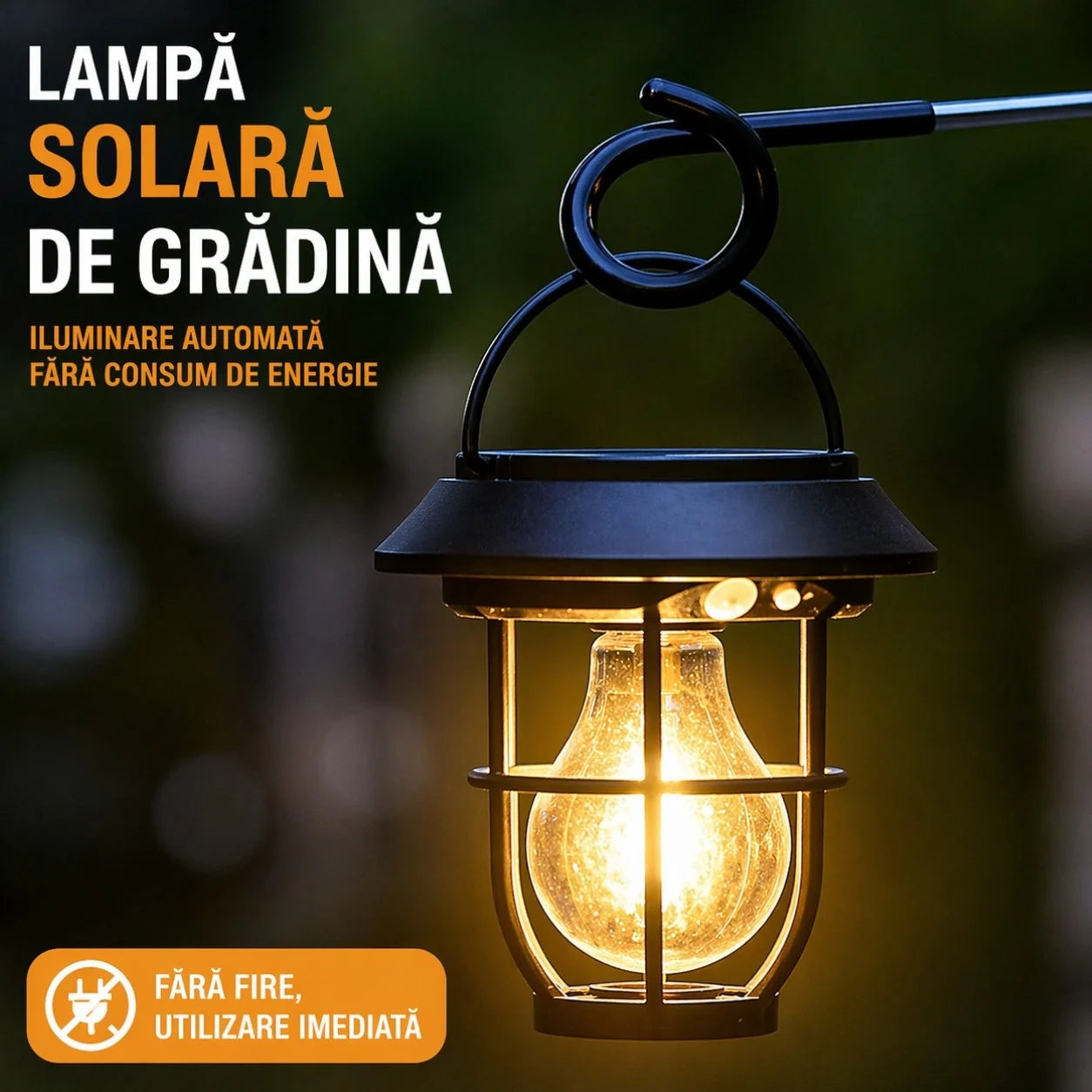 Lampă Solară de Grădină 46cm, Tip Felinar LED 13cm, Portabila cu Panou Solar Integrat, Țăruș pentru Montaj în Sol și Agățătoare pentru Suspendare Engros
