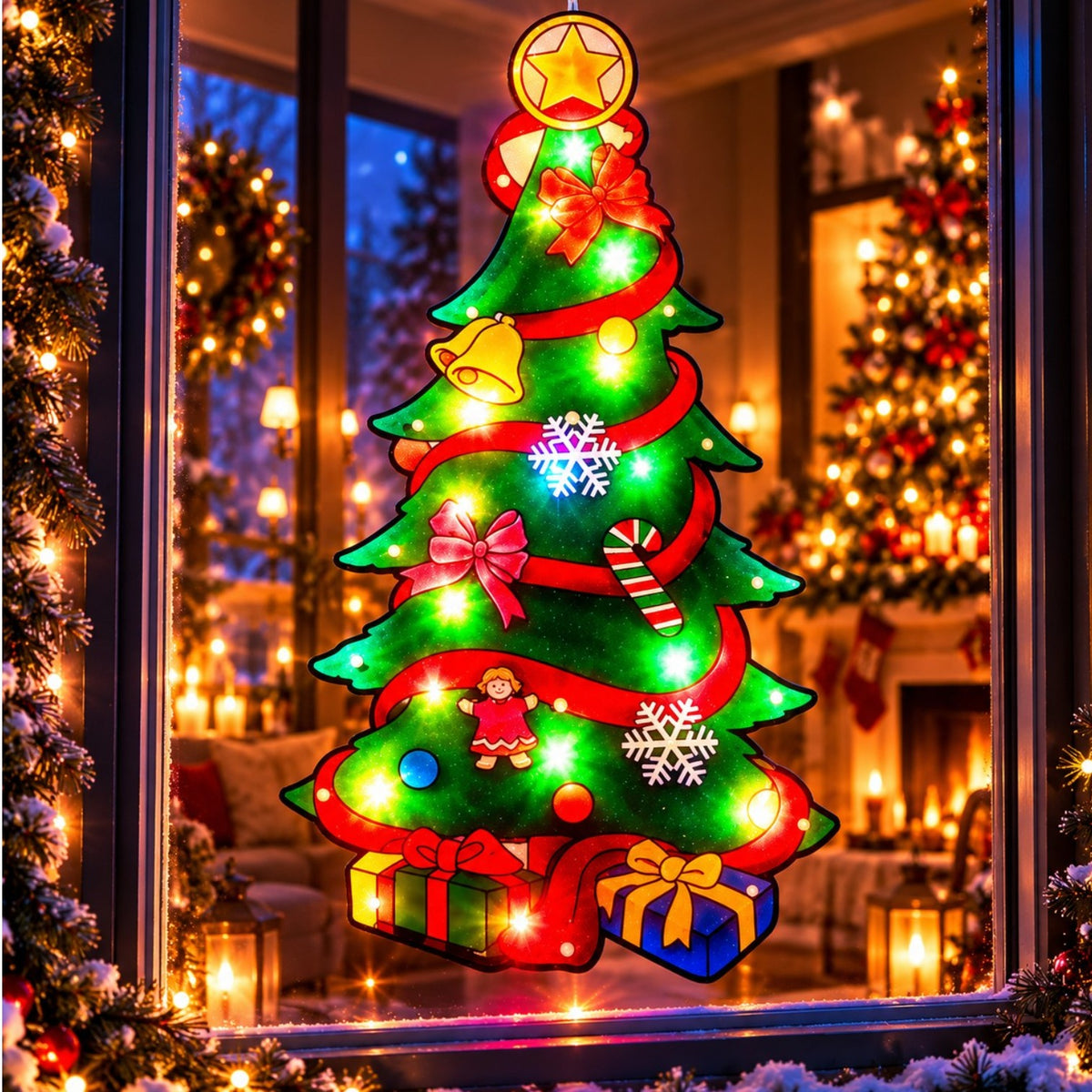 Decoratiune de Craciun Brad, 43.5x23cm, Ornament Geam cu Instalatie LED Multicolora, Alimentare la Priza Engros